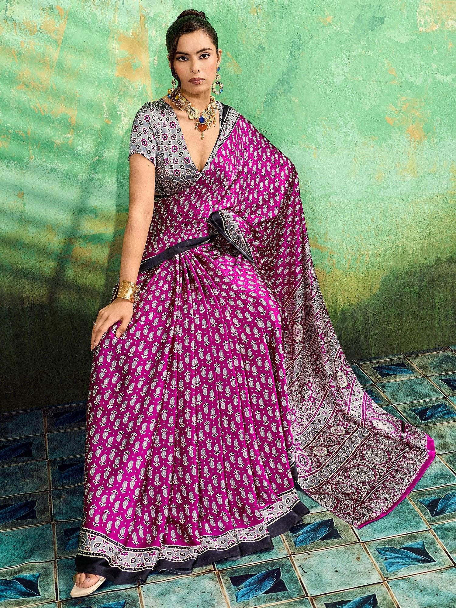 Magenta Satin Silk Block Printed Saree - Ressa