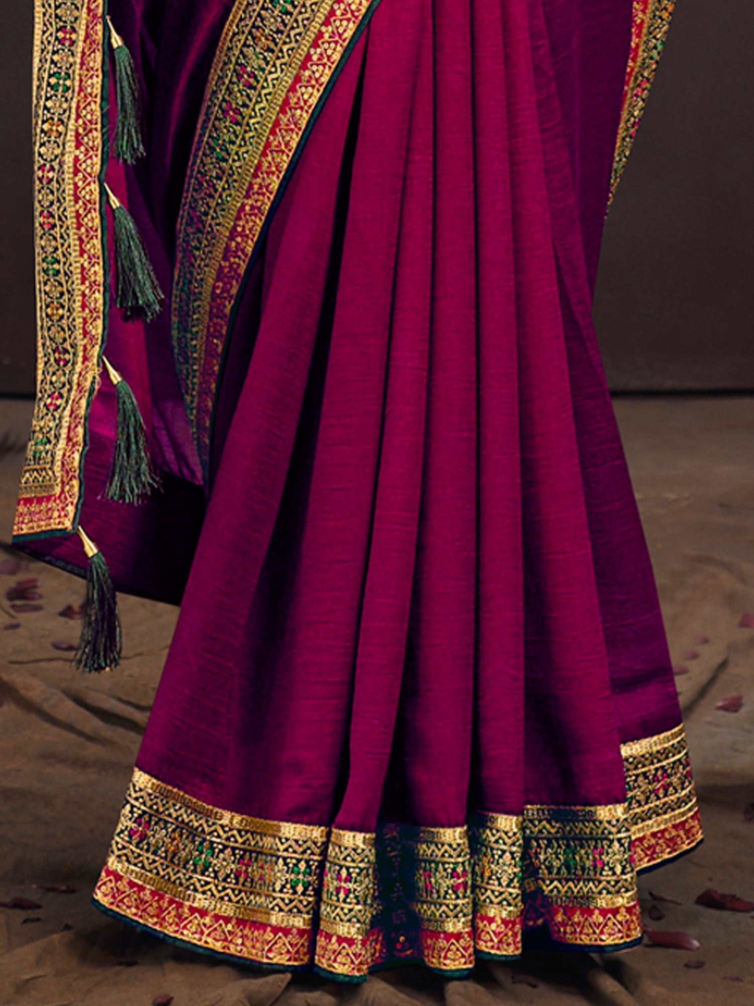 Magenta Silk Saree with Embroidered Border & Green Blouse - Ressa