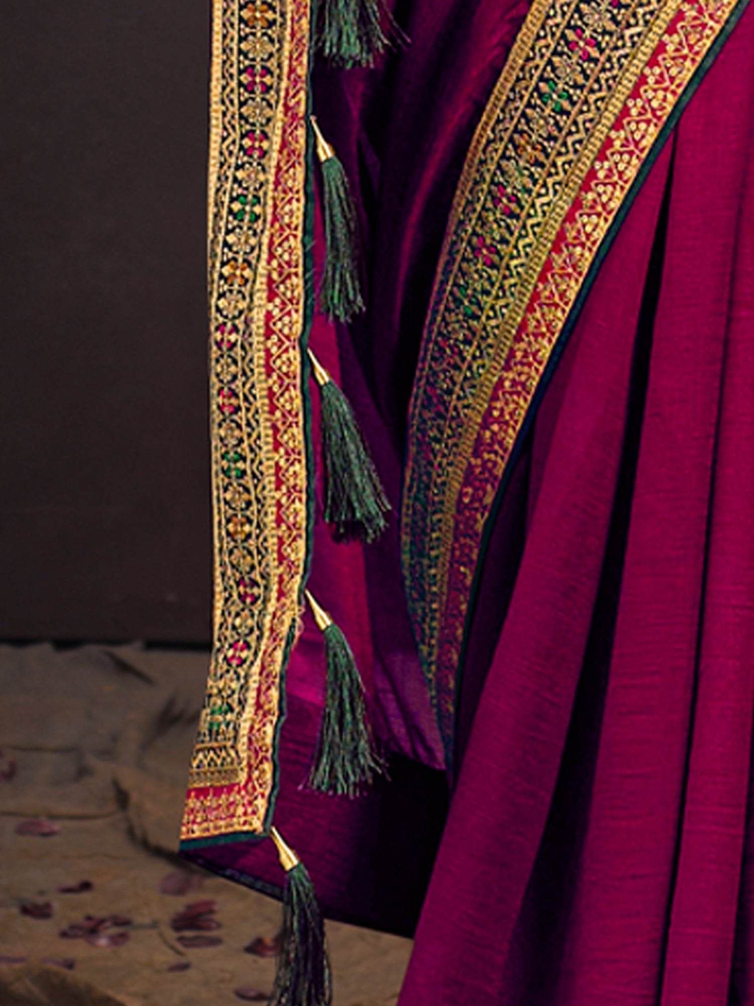 Magenta Silk Saree with Embroidered Border & Green Blouse - Ressa