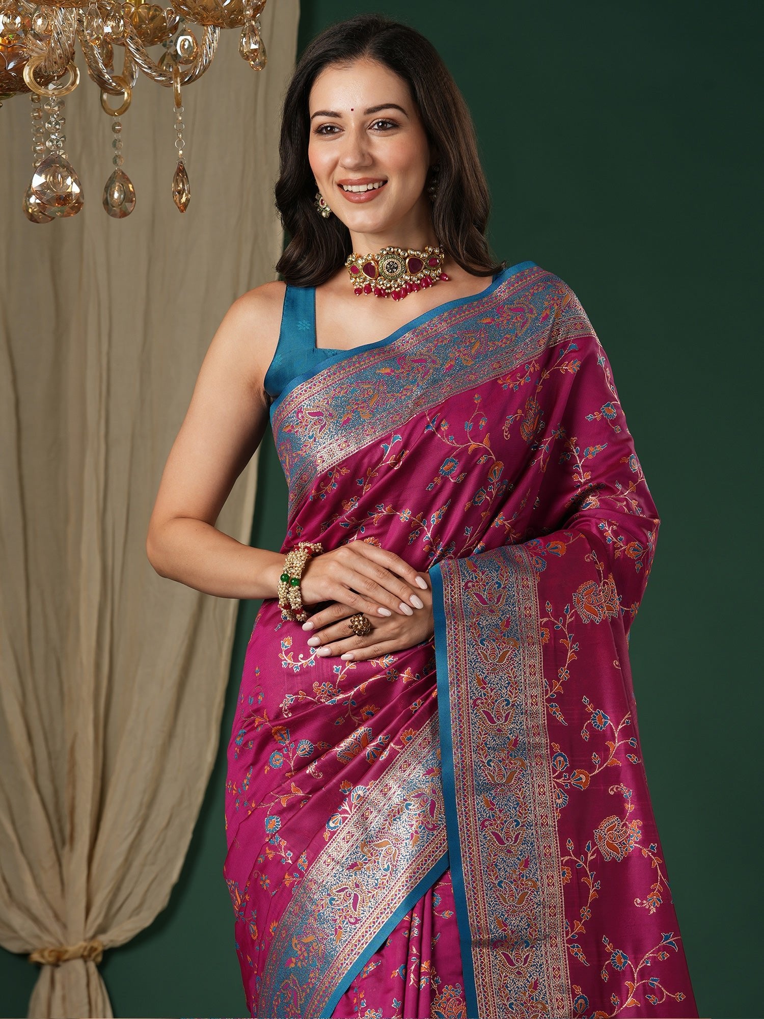 Magenta Silk Saree with Floral Jaal - Ressa