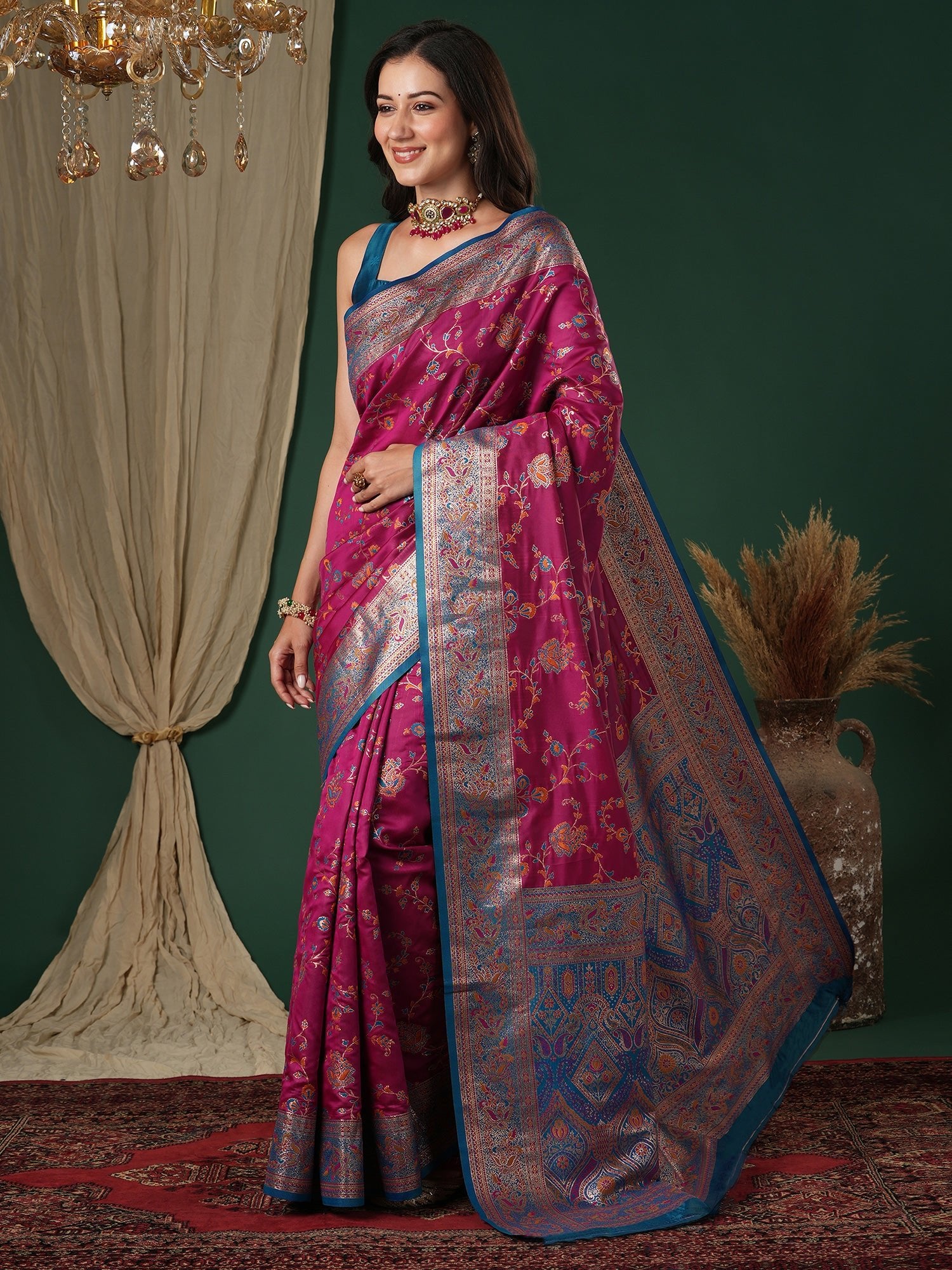 Magenta Silk Saree with Floral Jaal - Ressa