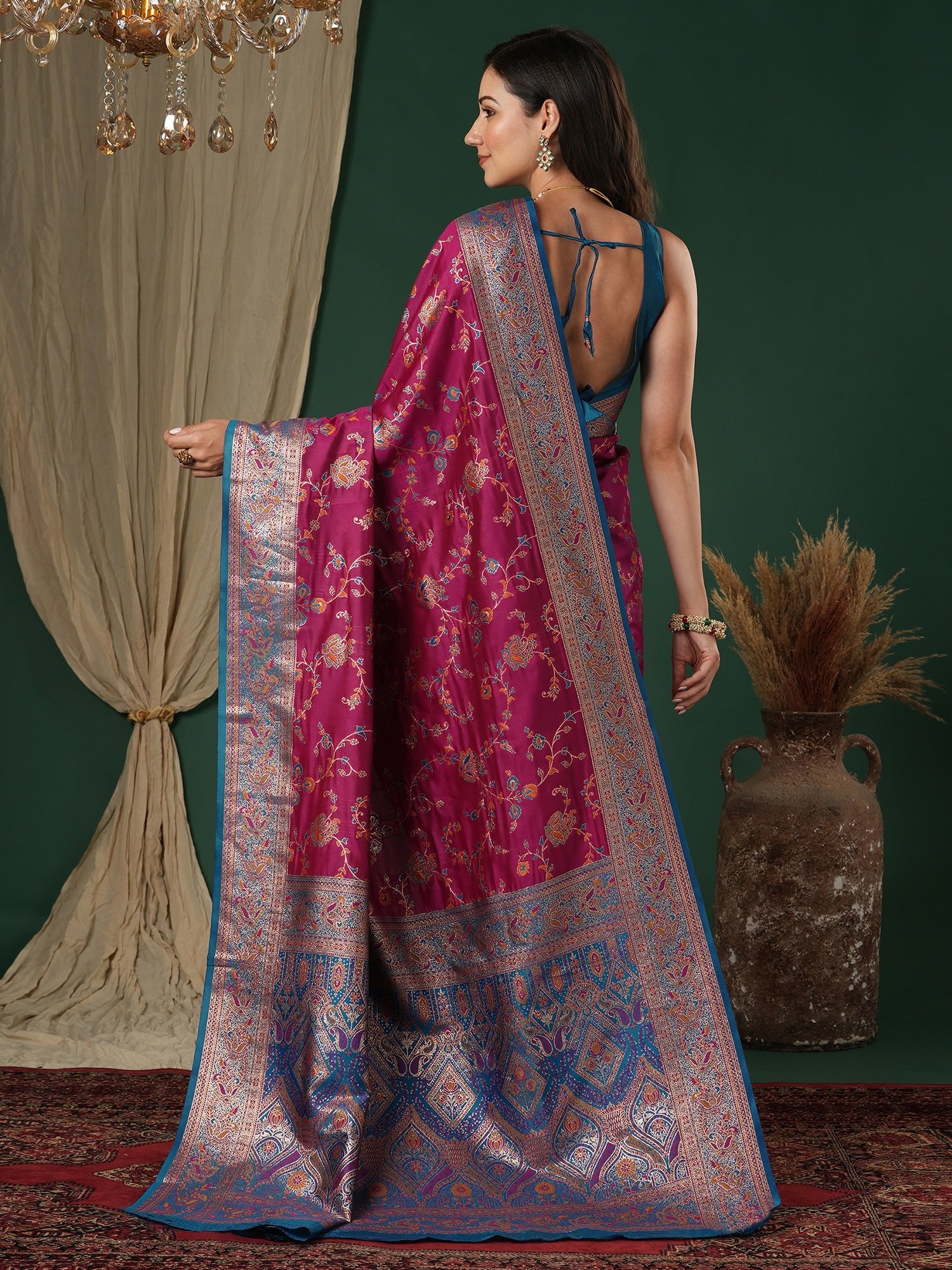 Magenta Silk Saree with Floral Jaal - Ressa