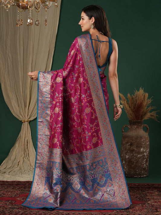 Magenta Silk Saree with Floral Jaal - Ressa