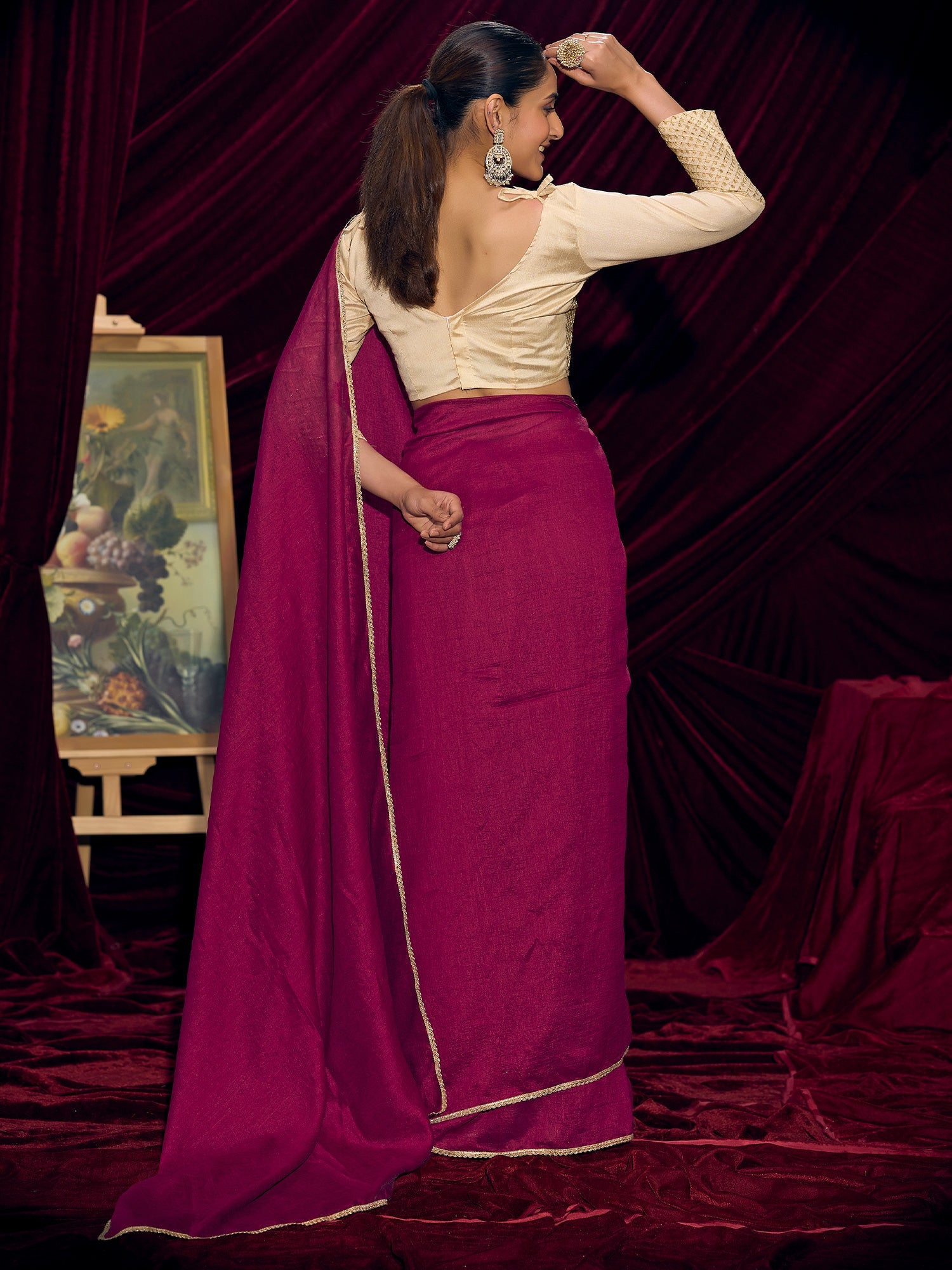 Magenta Silk Saree with Gold Lace Border - Ressa