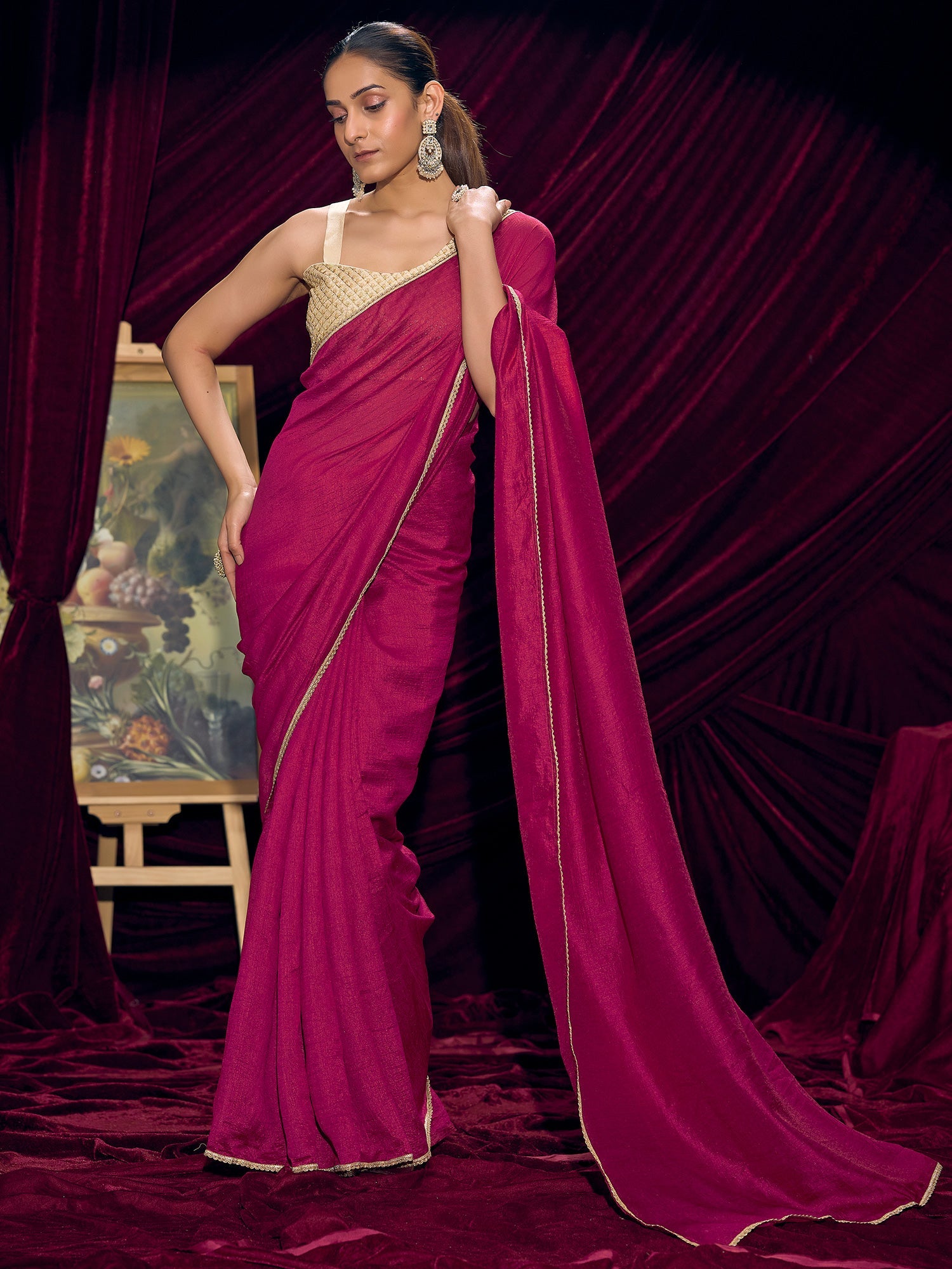 Magenta Silk Saree with Gold Lace Border - Ressa