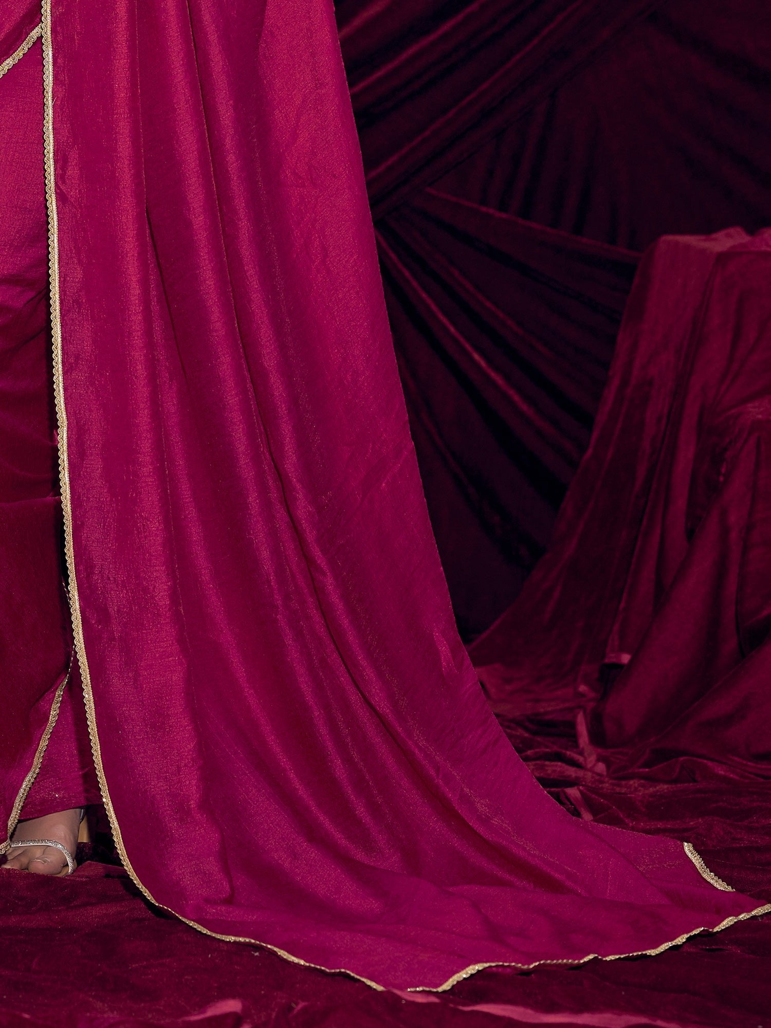Magenta Silk Saree with Gold Lace Border - Ressa