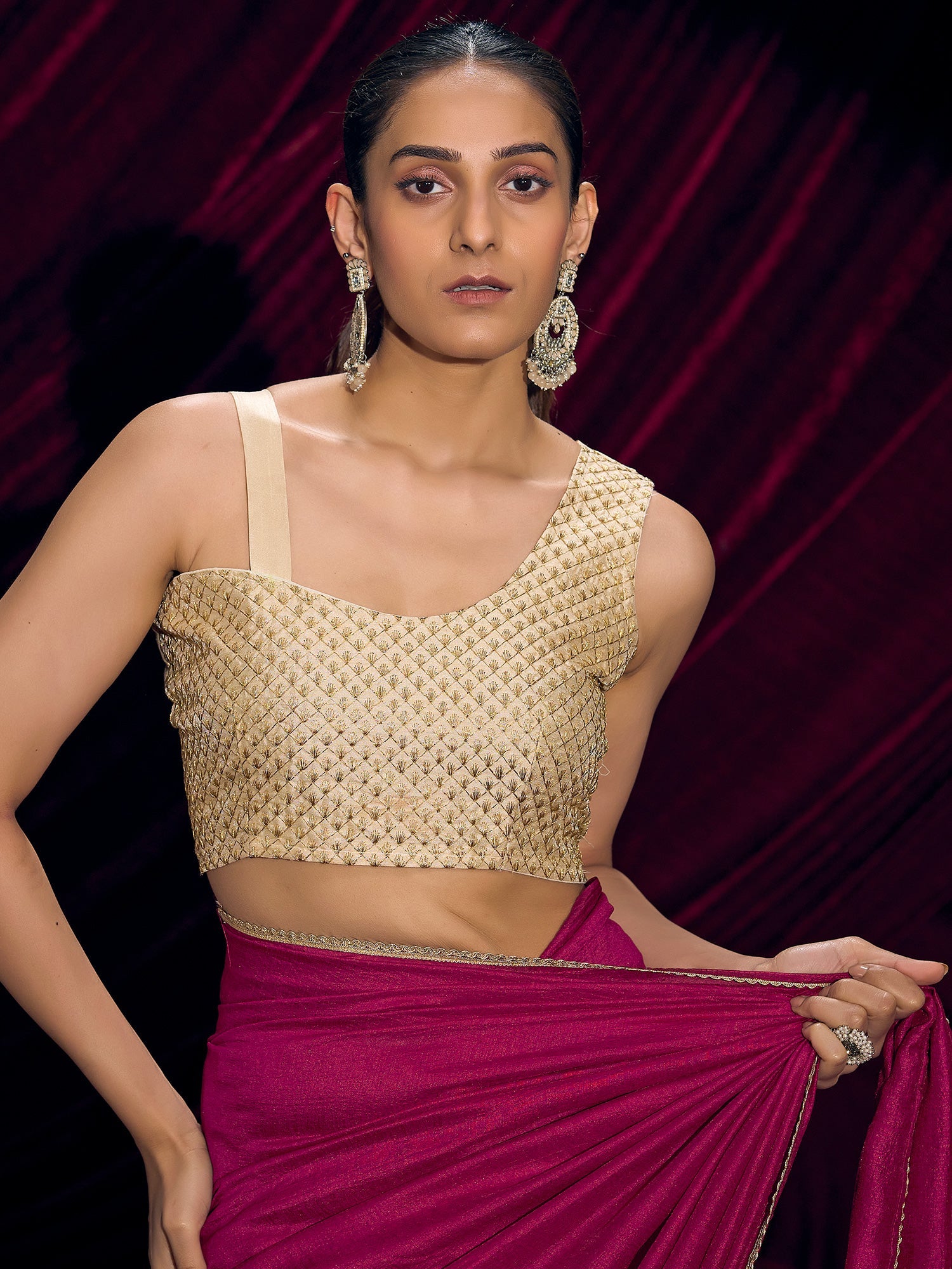 Magenta Silk Saree with Gold Lace Border - Ressa