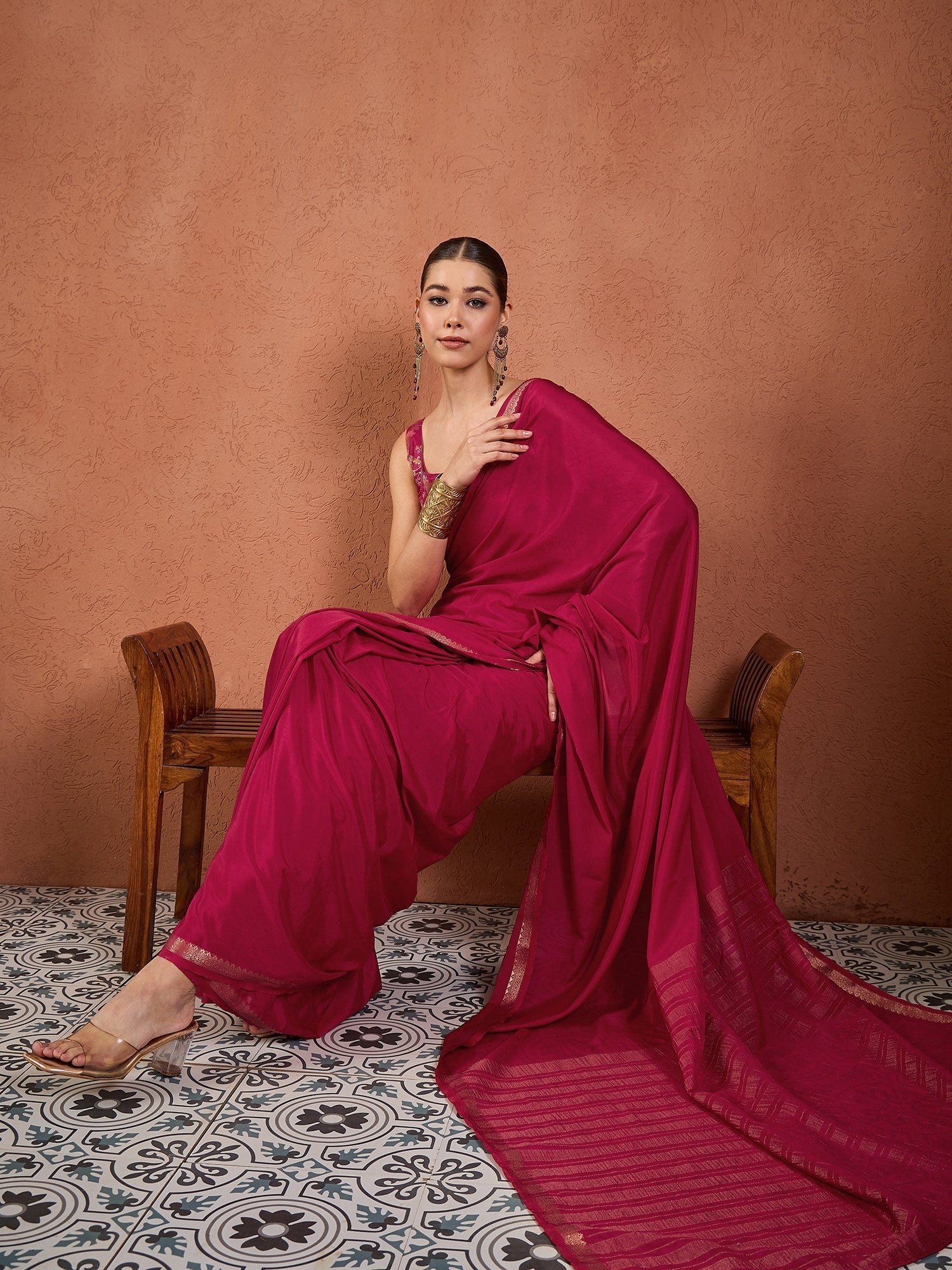 Magenta Silk Saree with Zari Border & Brocade Blouse - Ressa