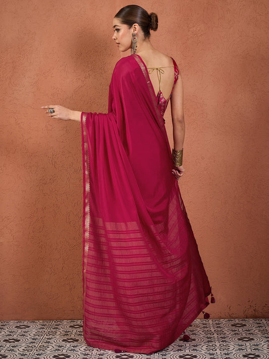 Magenta Silk Saree with Zari Border & Brocade Blouse - Ressa