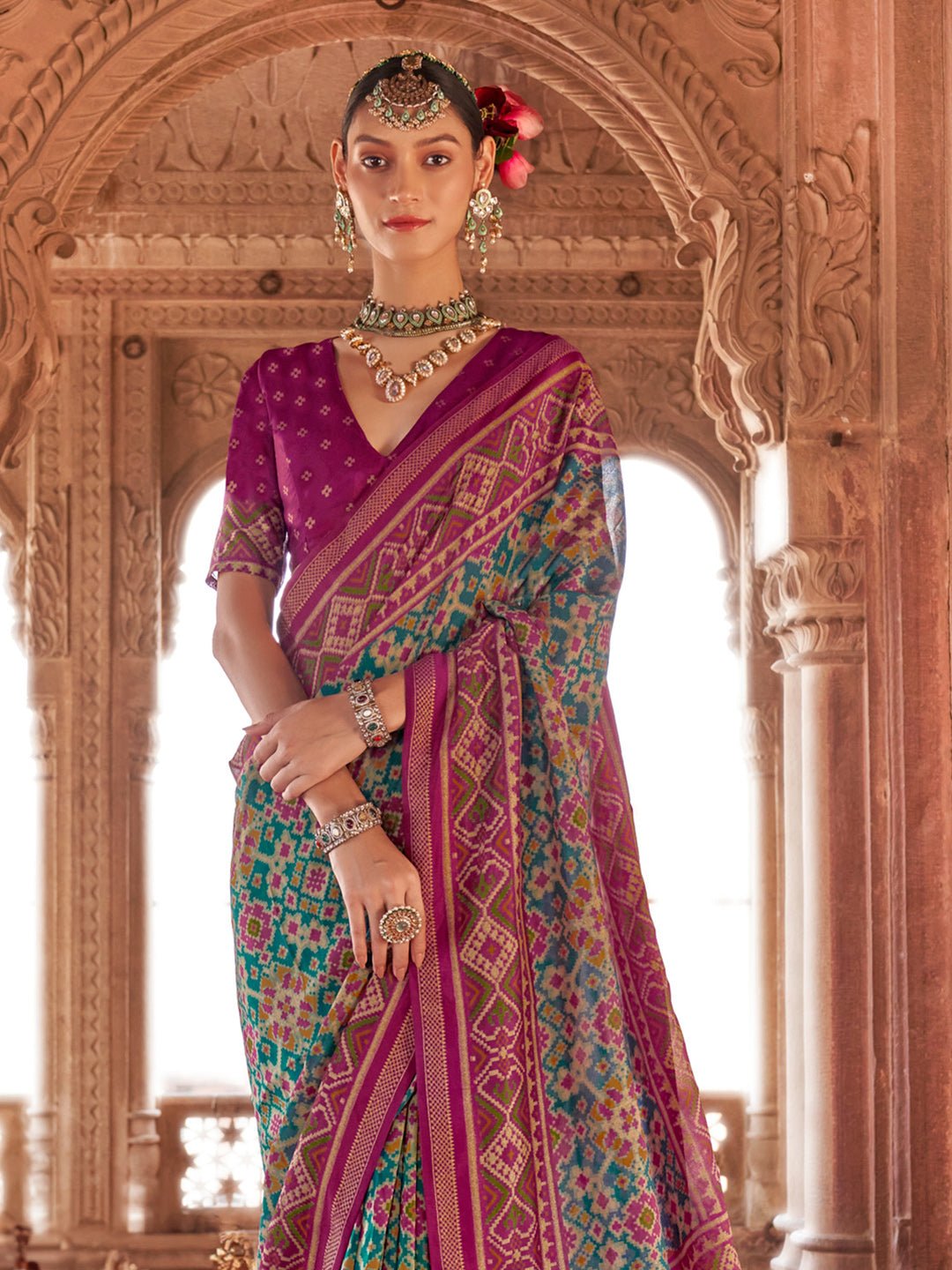 Magenta & Teal Silk Blend Patola Inspired Saree - Ressa