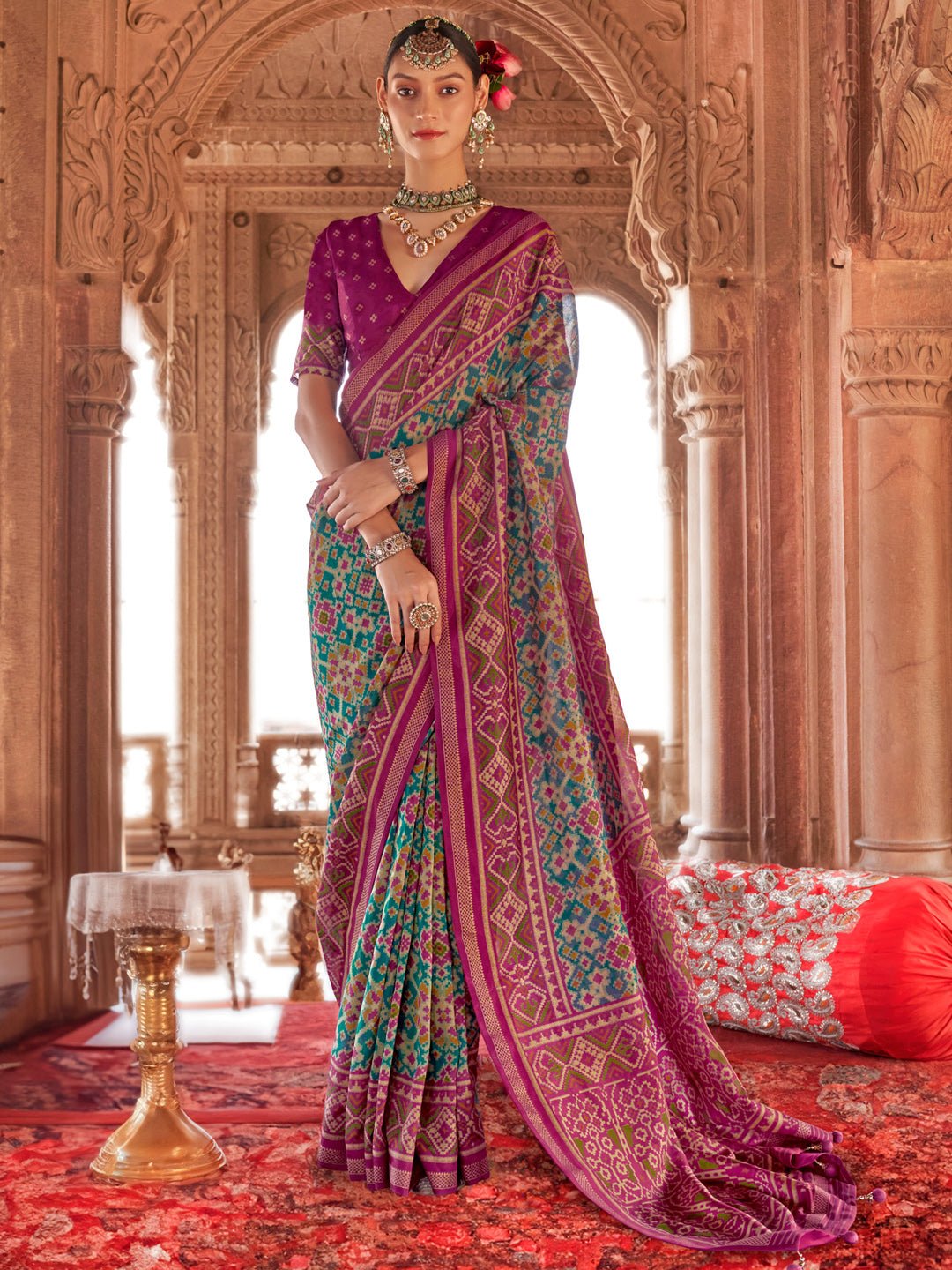 Magenta & Teal Silk Blend Patola Inspired Saree - Ressa
