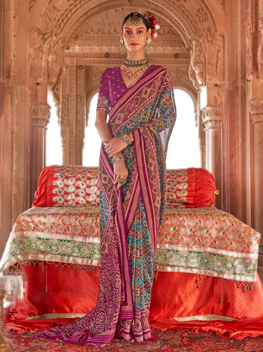 Magenta & Teal Silk Blend Patola Inspired Saree - Ressa