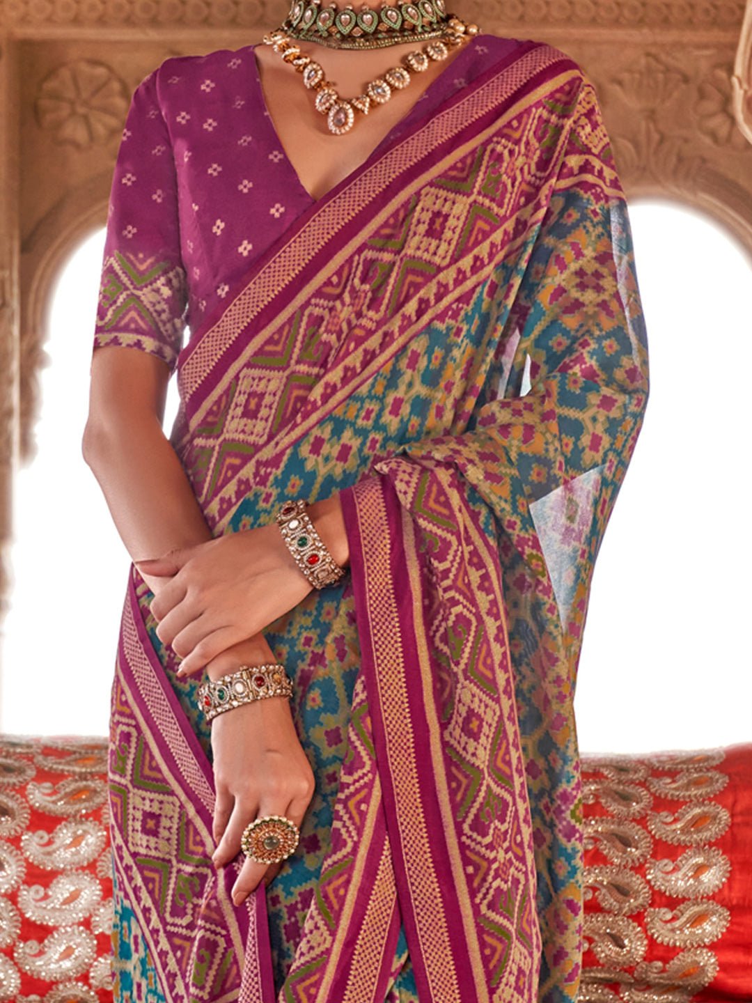 Magenta & Teal Silk Blend Patola Inspired Saree - Ressa