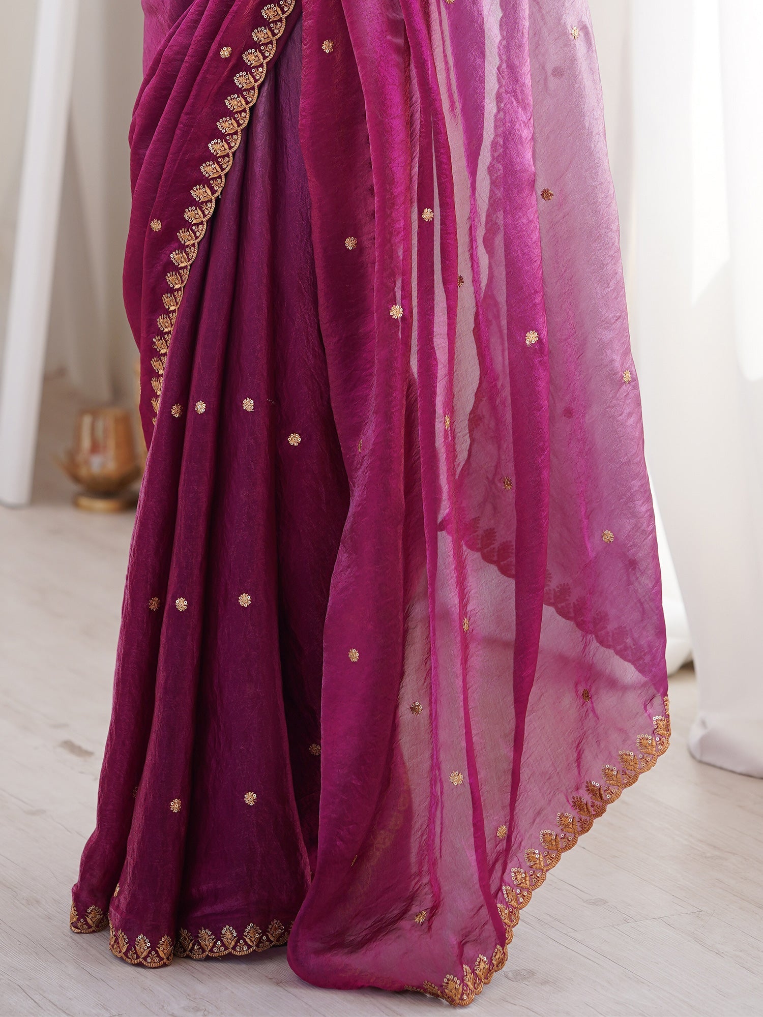 Magenta Tissue Silk Saree with Embroidered Border - Ressa