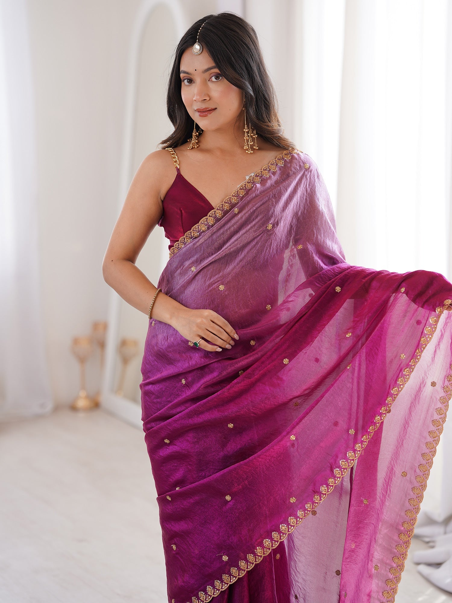 Magenta Tissue Silk Saree with Embroidered Border - Ressa