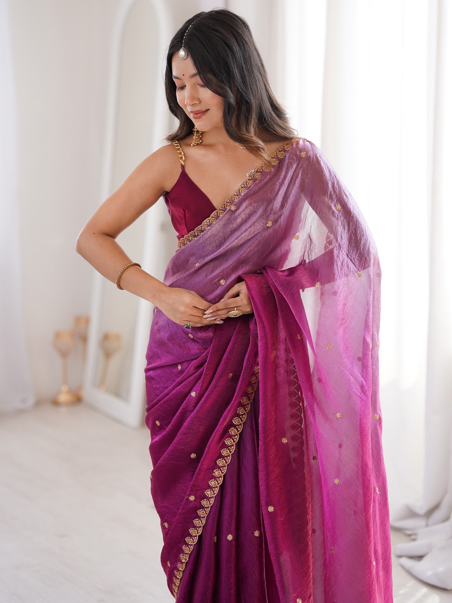 Magenta Tissue Silk Saree with Embroidered Border - Ressa