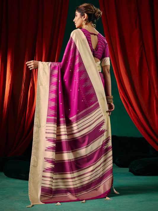 Magenta Tussar Silk Saree with Beige Pallu - Ressa