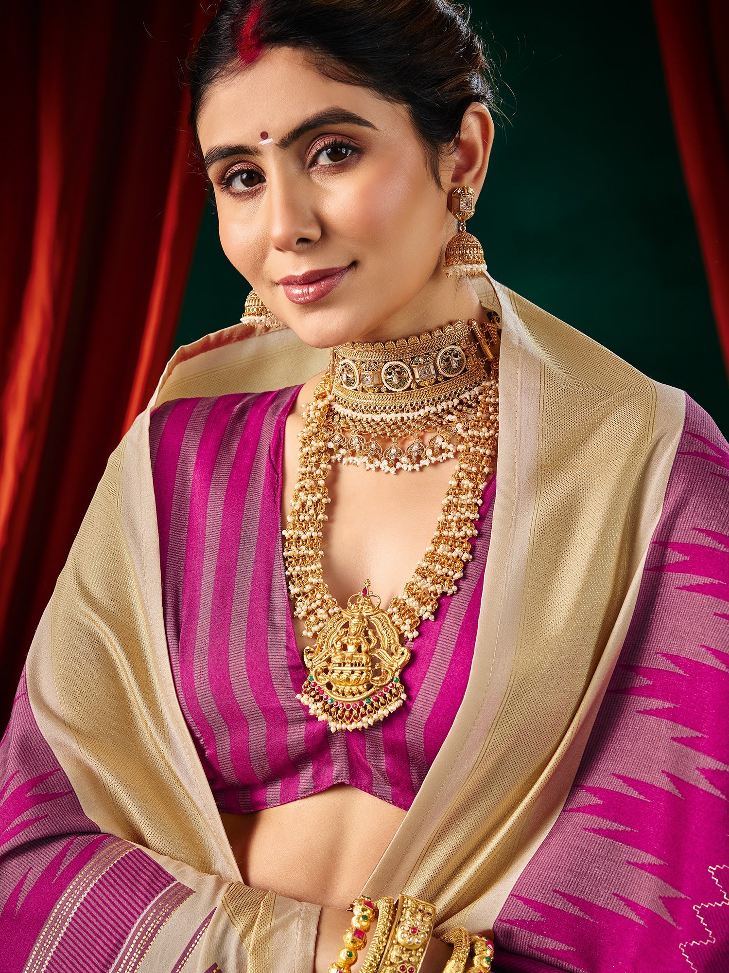 Magenta Tussar Silk Saree with Beige Pallu - Ressa