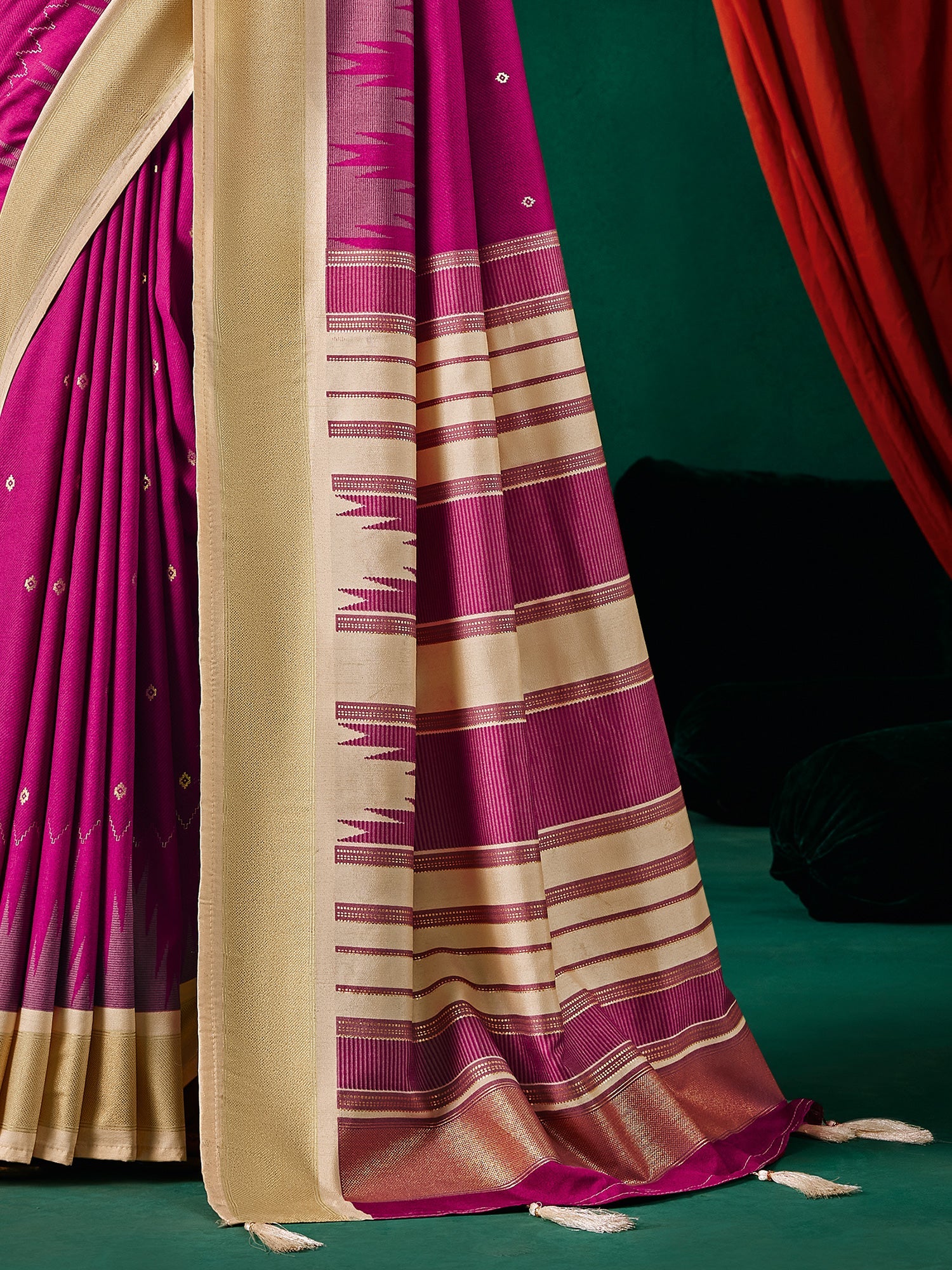 Magenta Tussar Silk Saree with Beige Pallu - Ressa