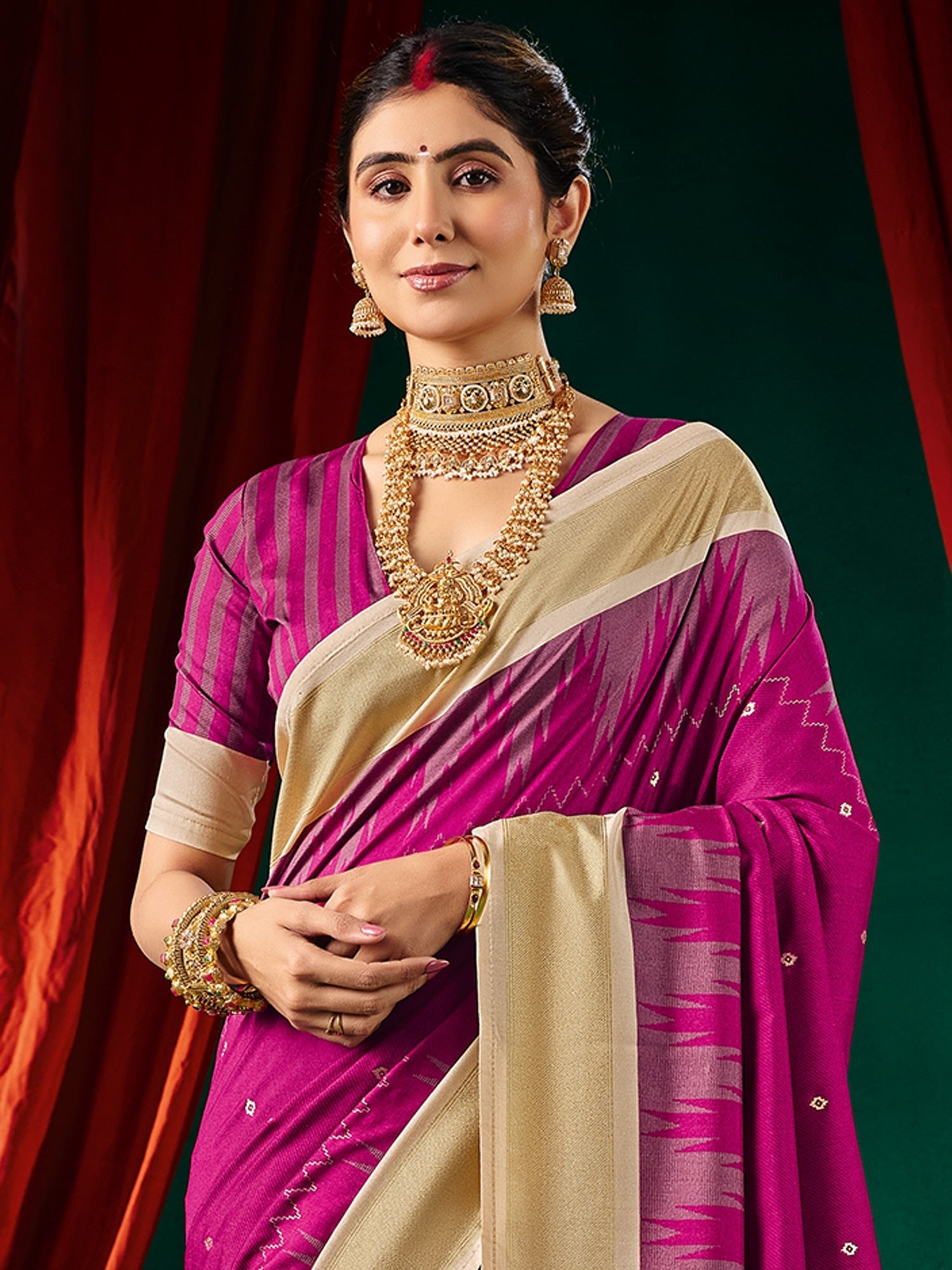 Magenta Tussar Silk Saree with Beige Pallu - Ressa