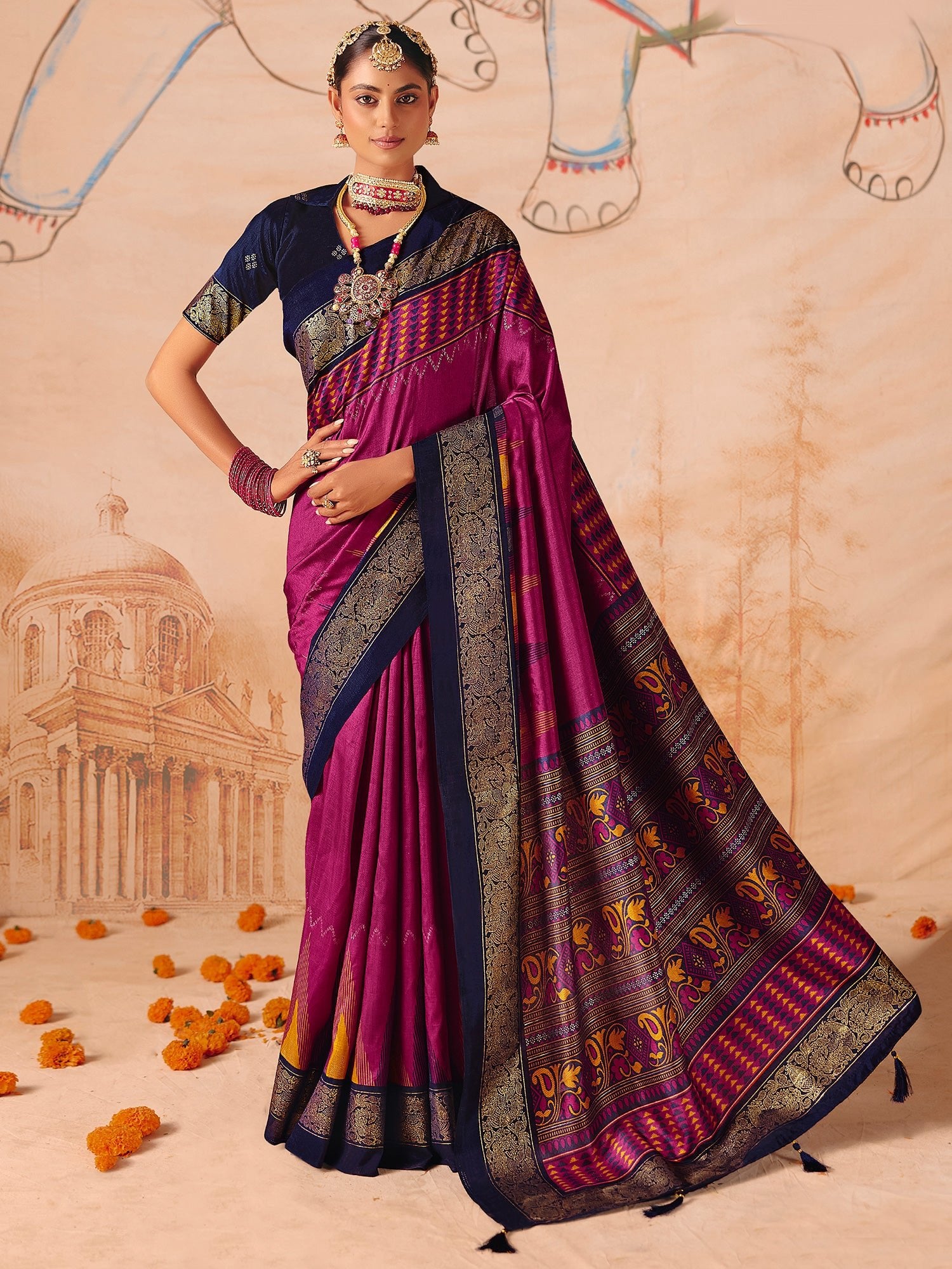 Magenta Tussar Silk Saree with Navy Zari Border - Ressa