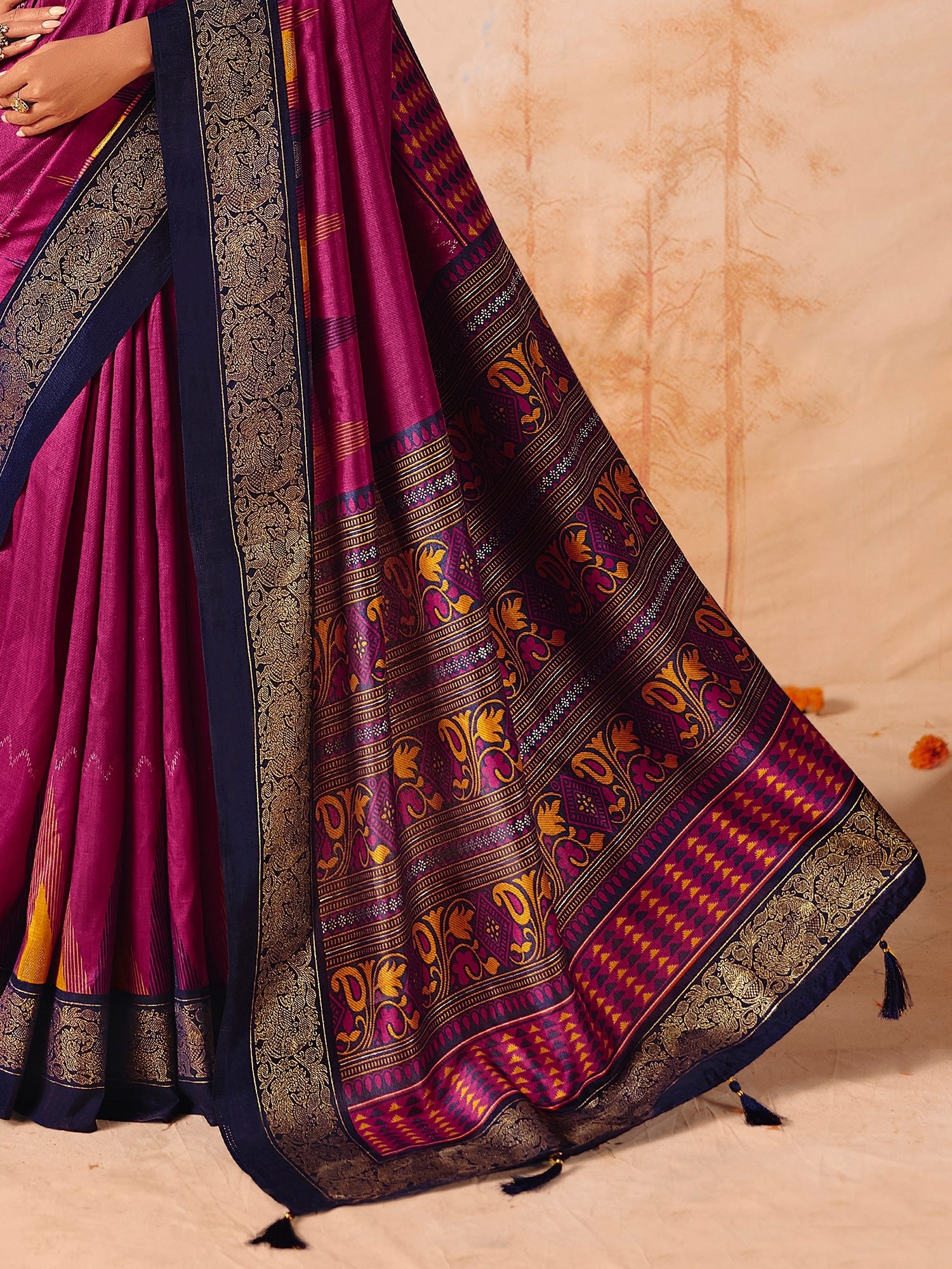 Magenta Tussar Silk Saree with Navy Zari Border - Ressa