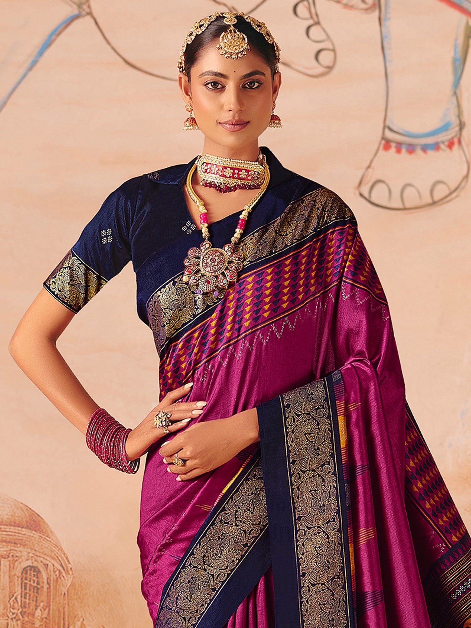 Magenta Tussar Silk Saree with Navy Zari Border - Ressa
