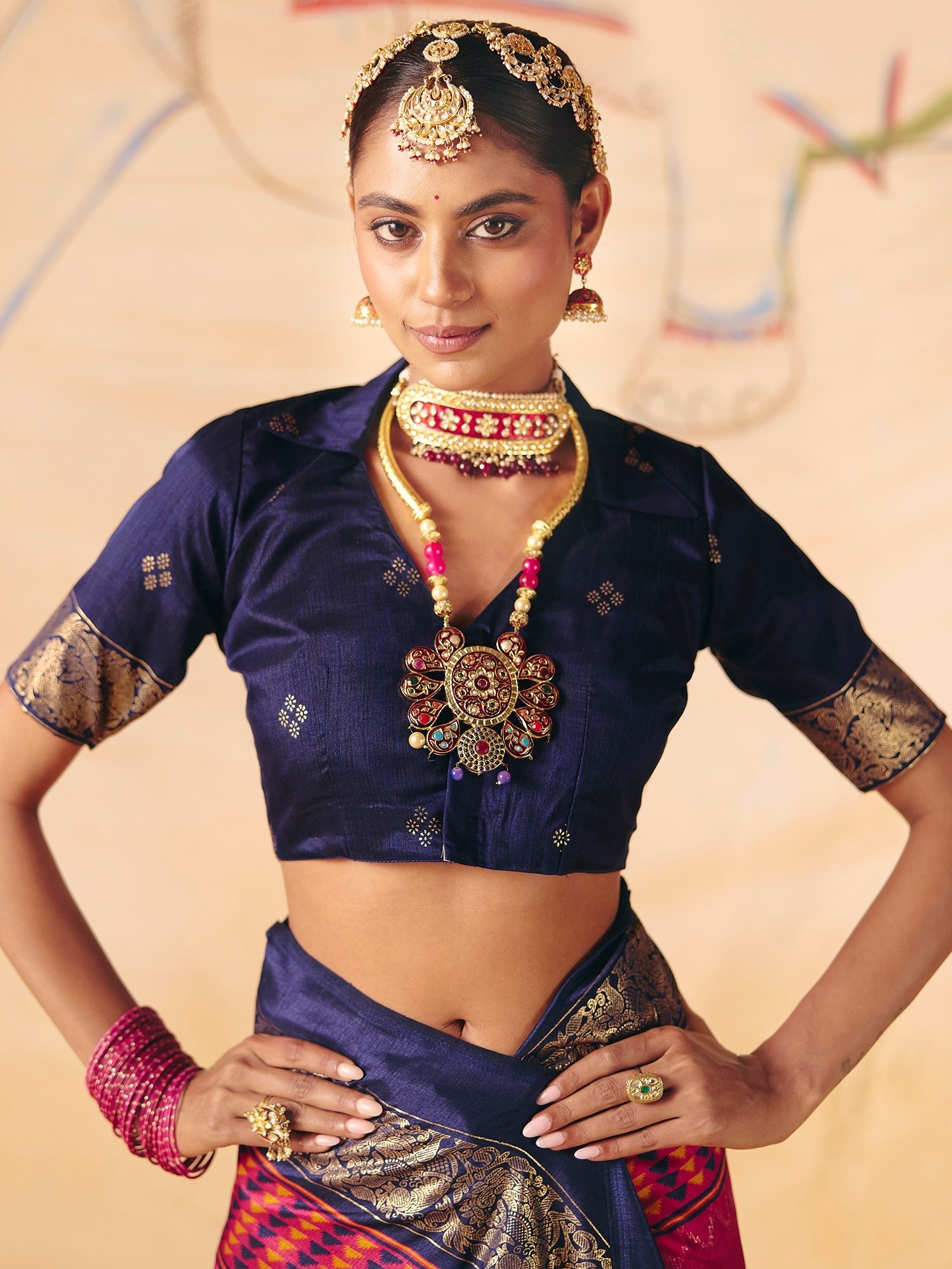 Magenta Tussar Silk Saree with Navy Zari Border - Ressa