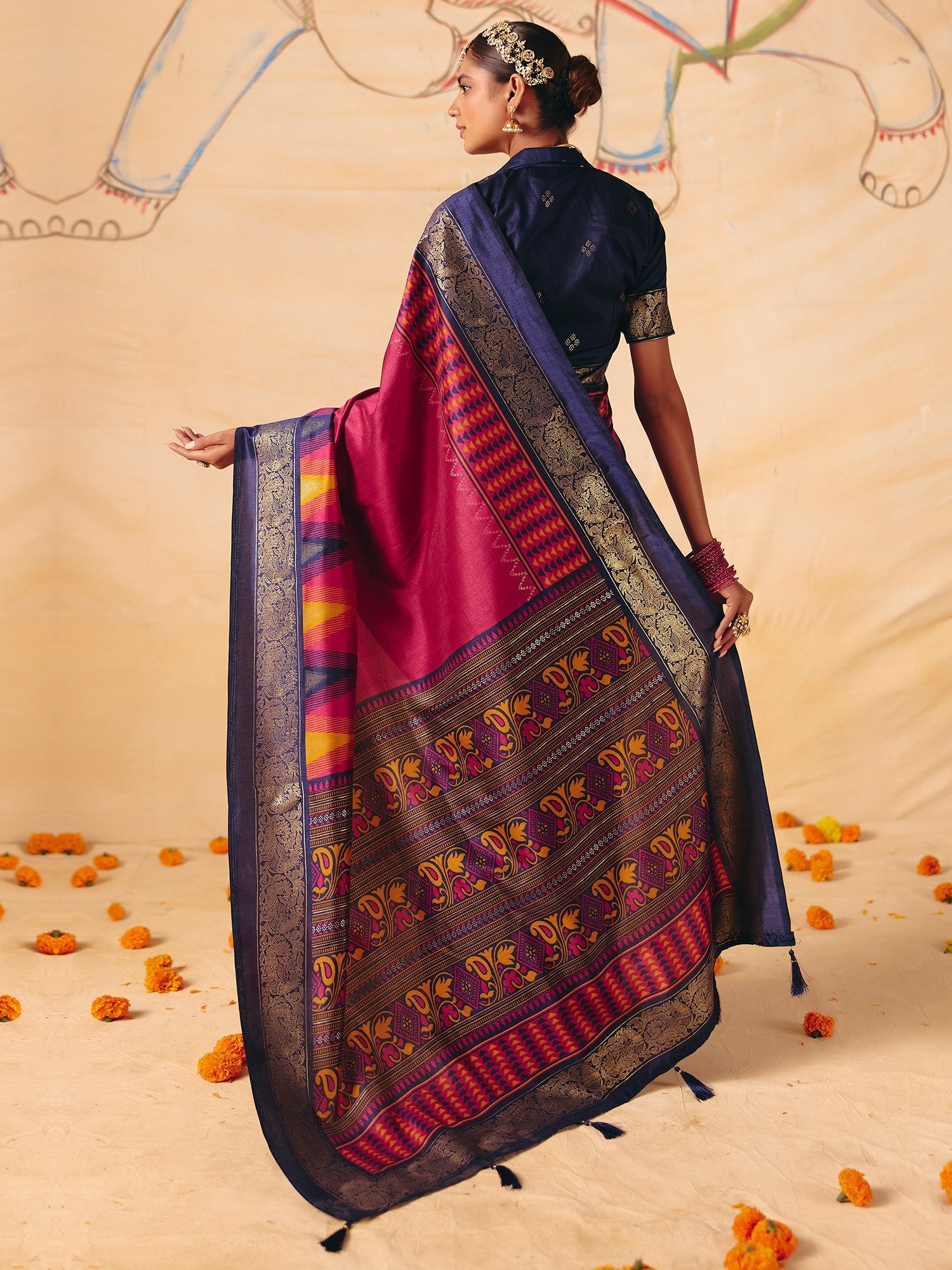 Magenta Tussar Silk Saree with Navy Zari Border - Ressa