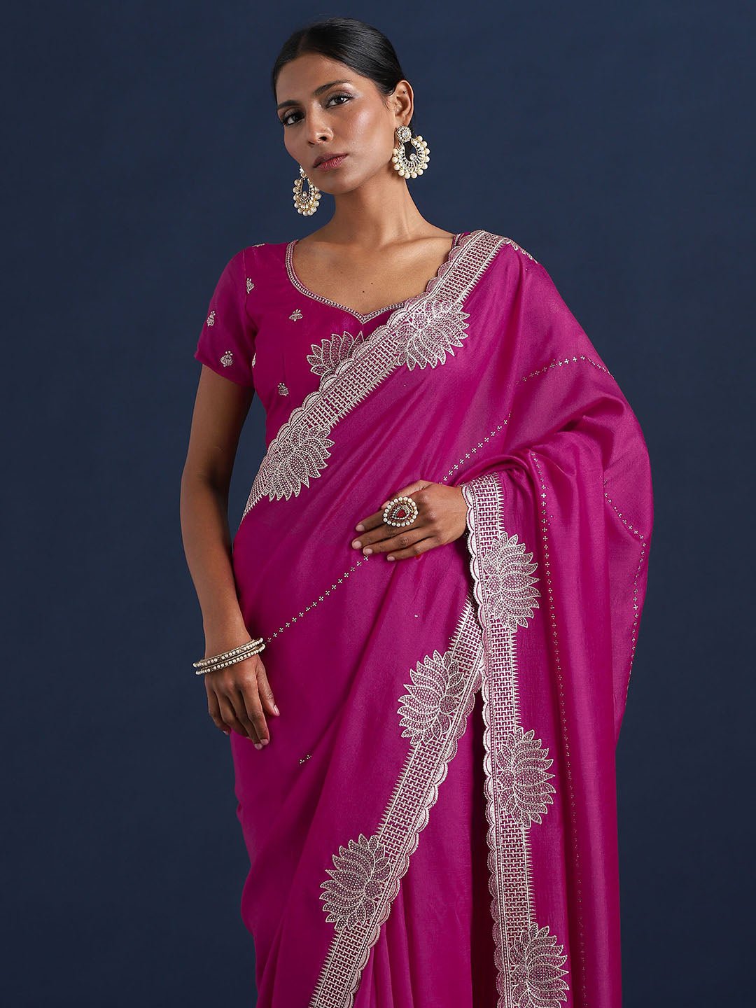 Magenta Vichitra Silk Embroidered Saree - Ressa