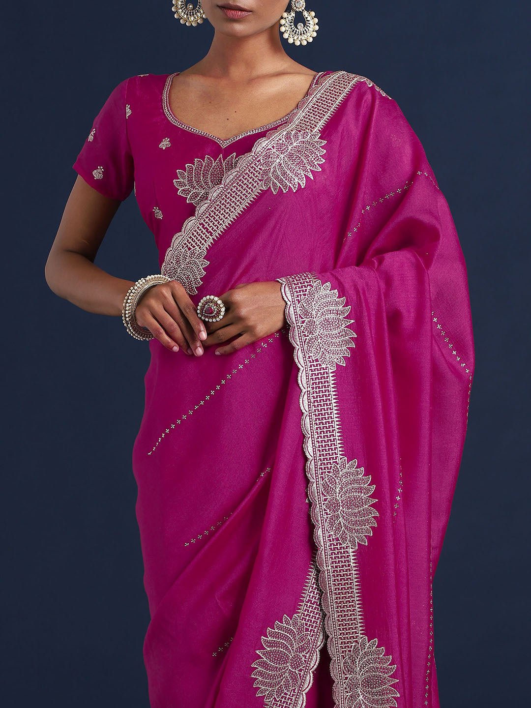 Magenta Vichitra Silk Embroidered Saree - Ressa
