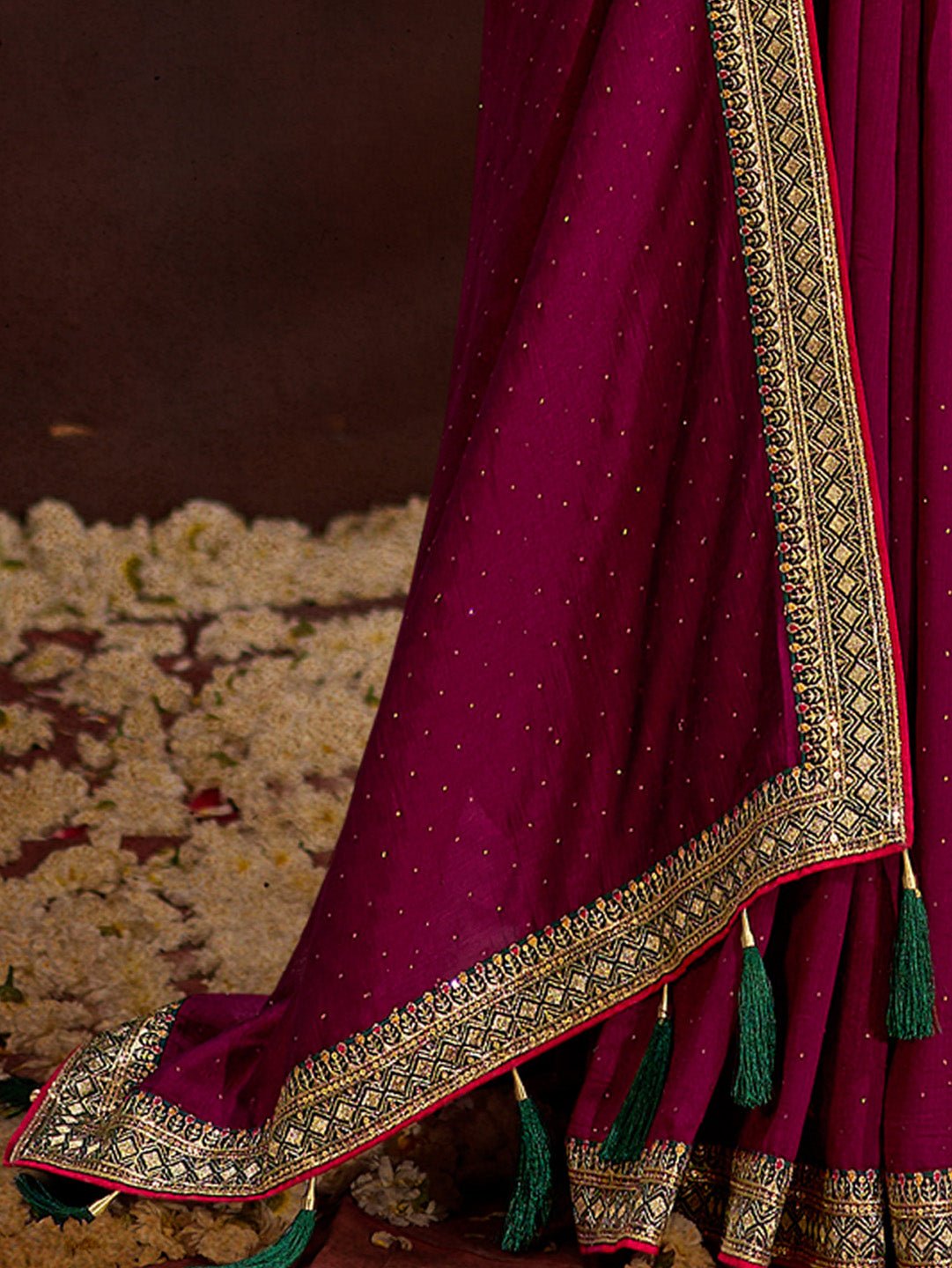 Magenta Vichitra Silk Mirror Work Embroidered Border Green Blouse Saree - Ressa