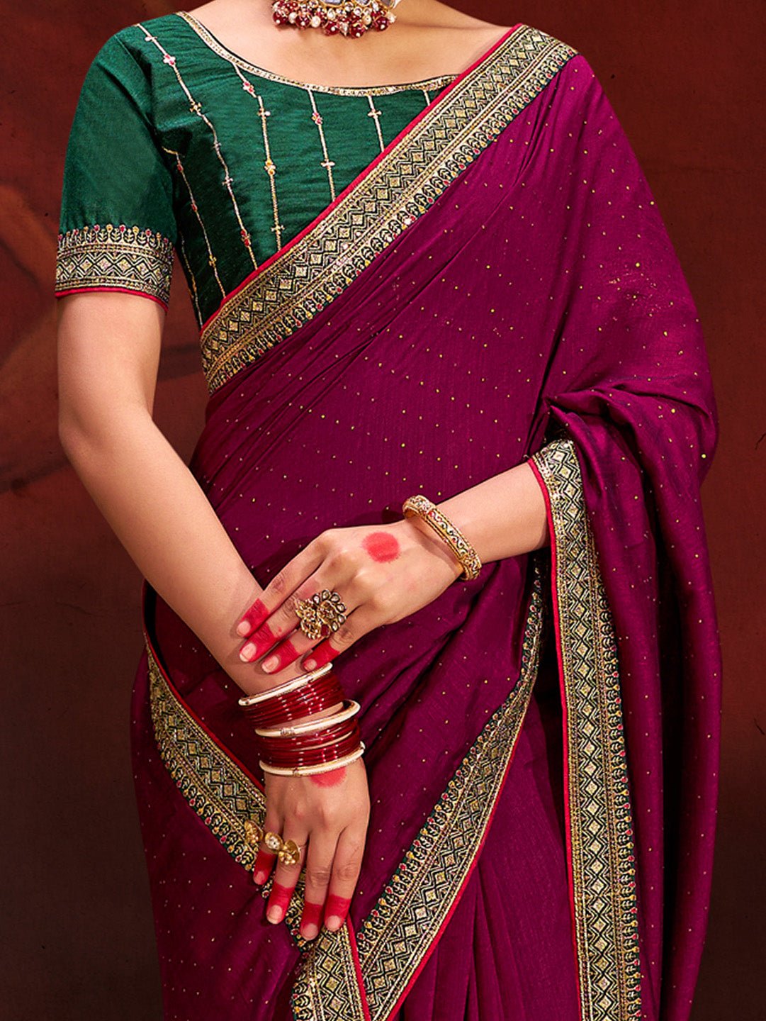 Magenta Vichitra Silk Mirror Work Embroidered Border Green Blouse Saree - Ressa