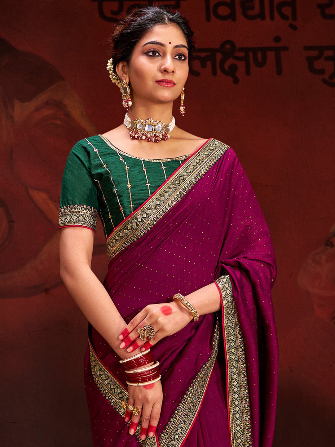 Magenta Vichitra Silk Mirror Work Embroidered Border Green Blouse Saree - Ressa