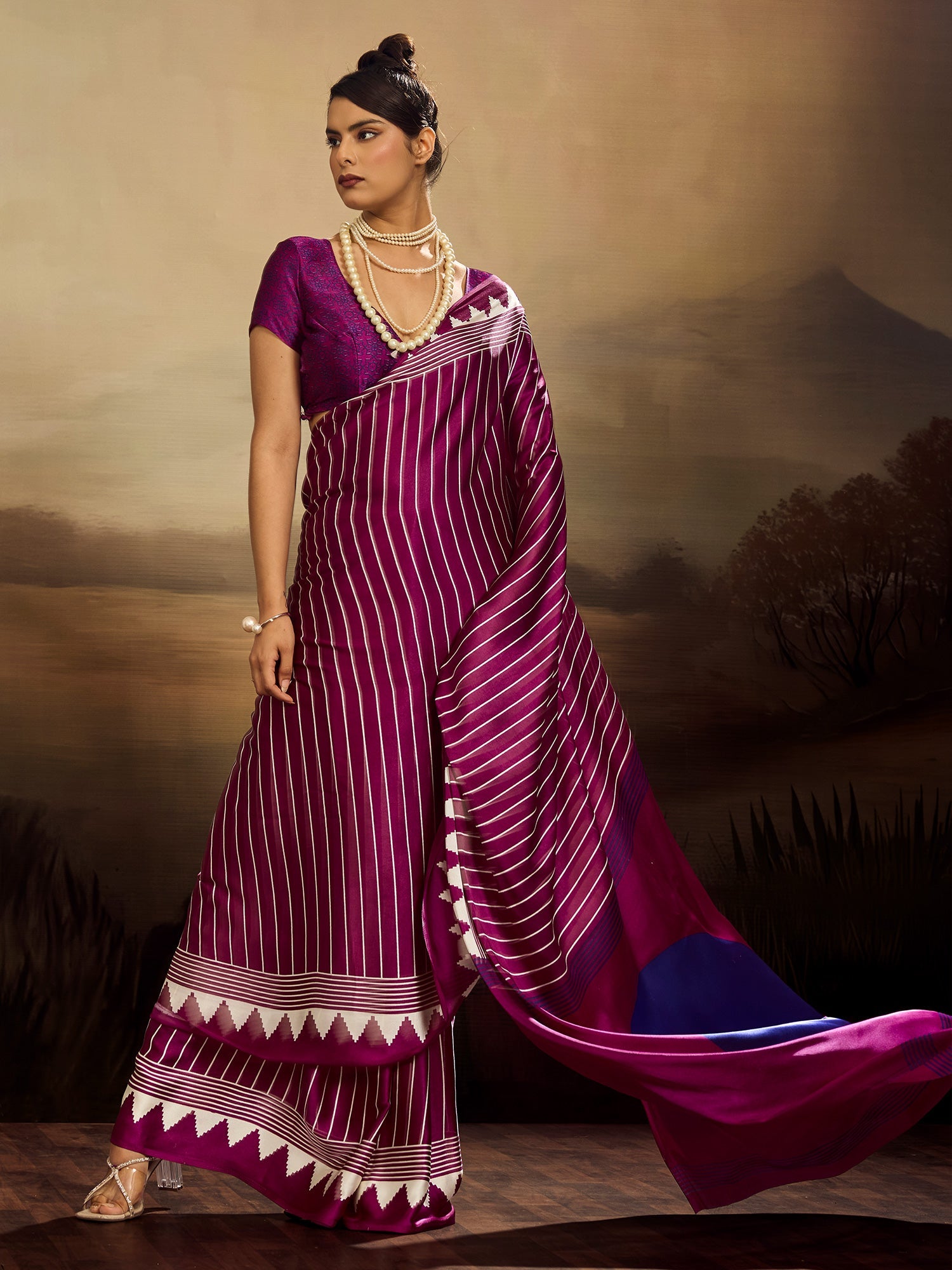 Magentap & White Striped Ikat Silk Saree - Ressa