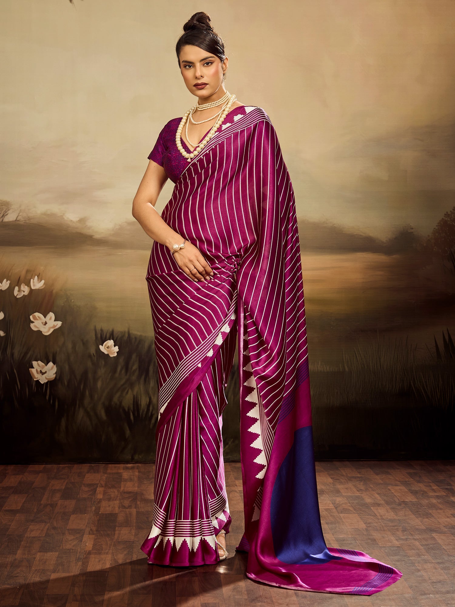 Magentap & White Striped Ikat Silk Saree - Ressa