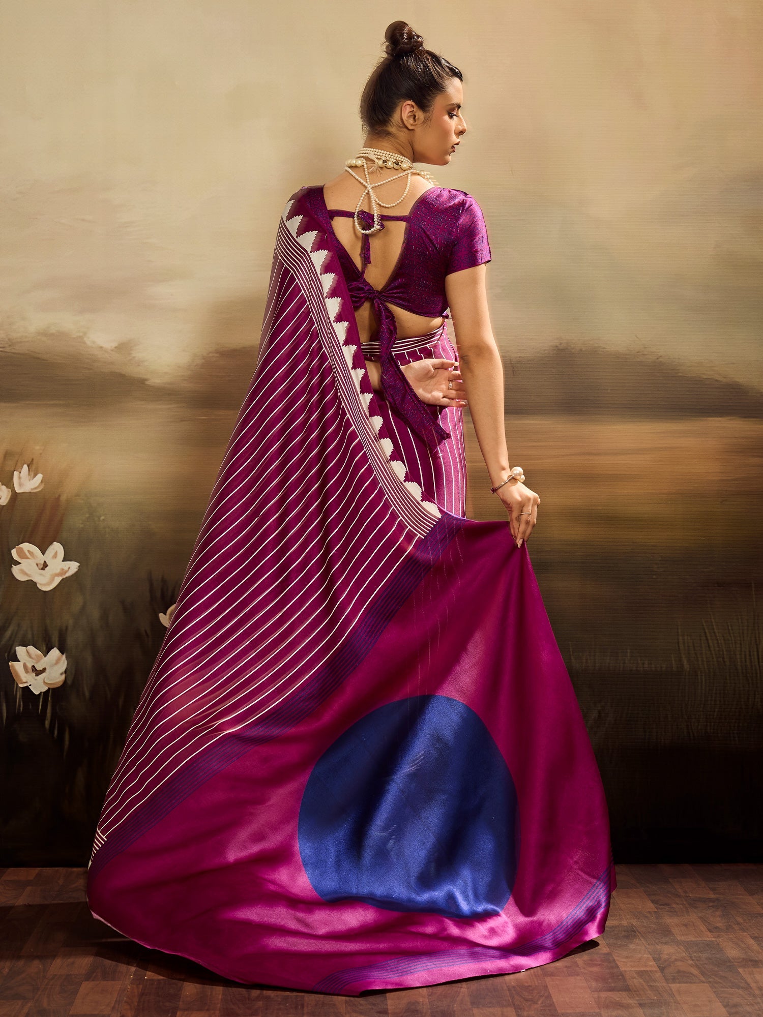 Magentap & White Striped Ikat Silk Saree - Ressa