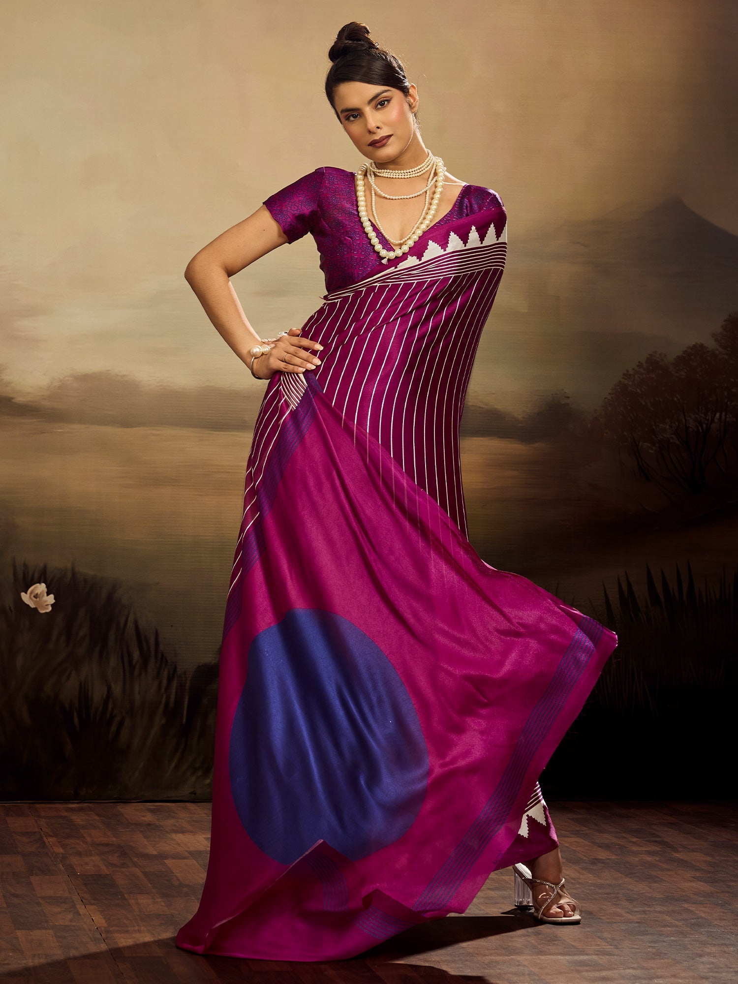 Magentap & White Striped Ikat Silk Saree - Ressa
