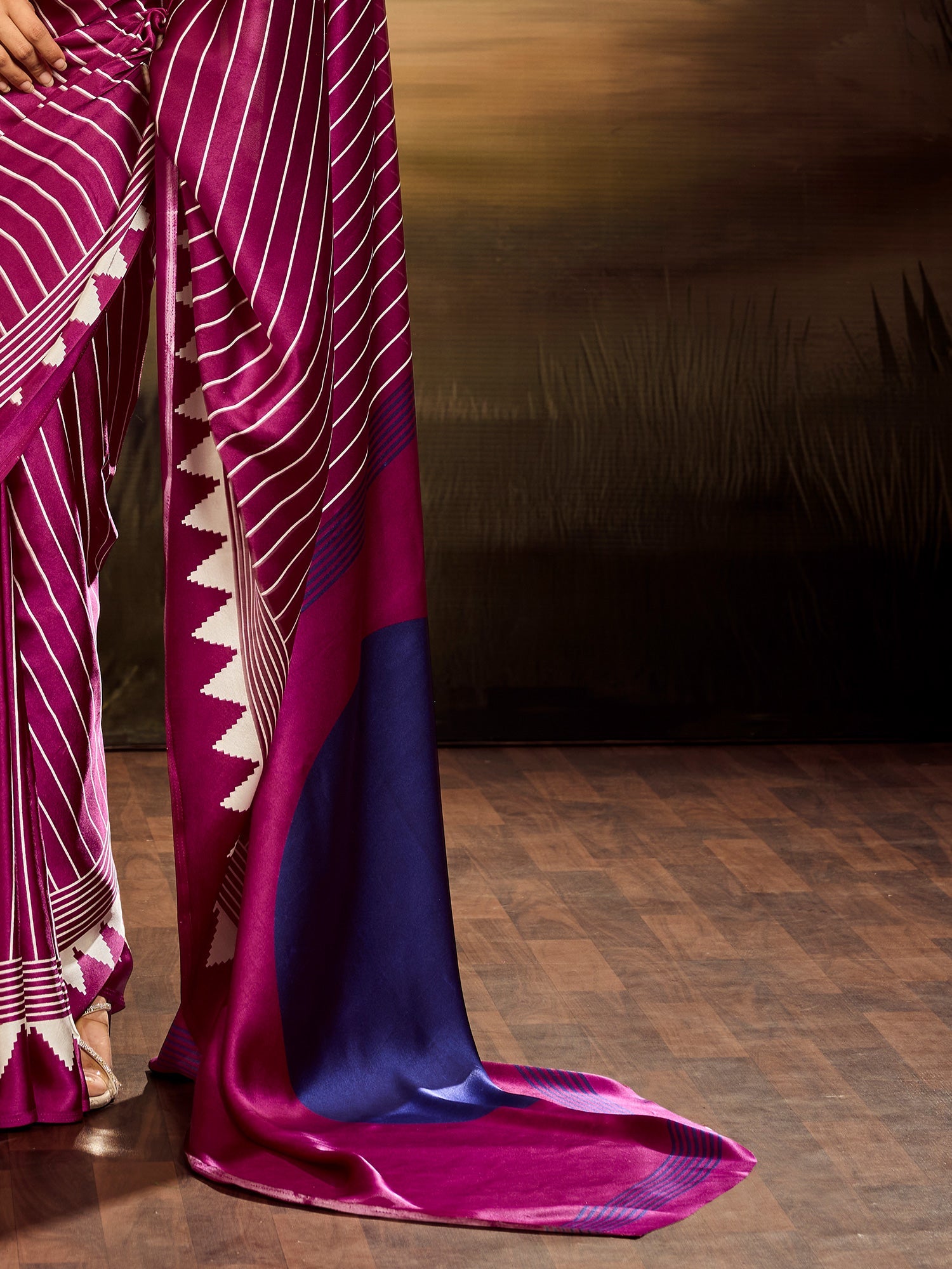 Magentap & White Striped Ikat Silk Saree - Ressa