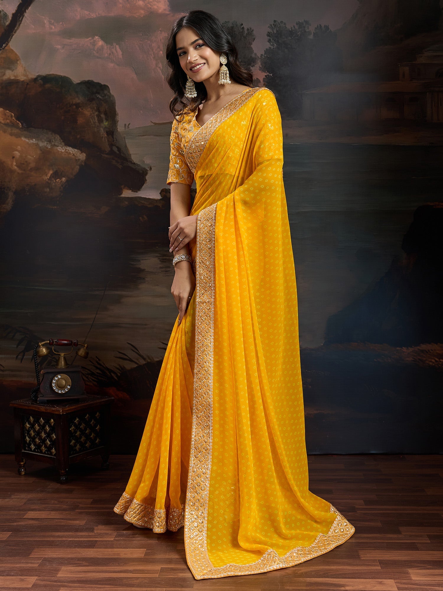Mango Yellow Bandhani Chiffon Saree - Ressa