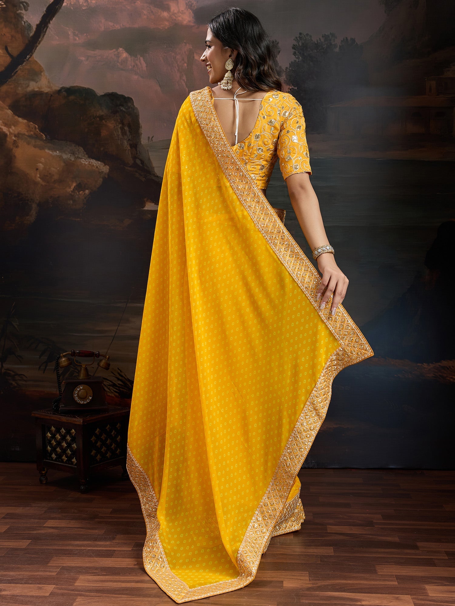 Mango Yellow Bandhani Chiffon Saree - Ressa