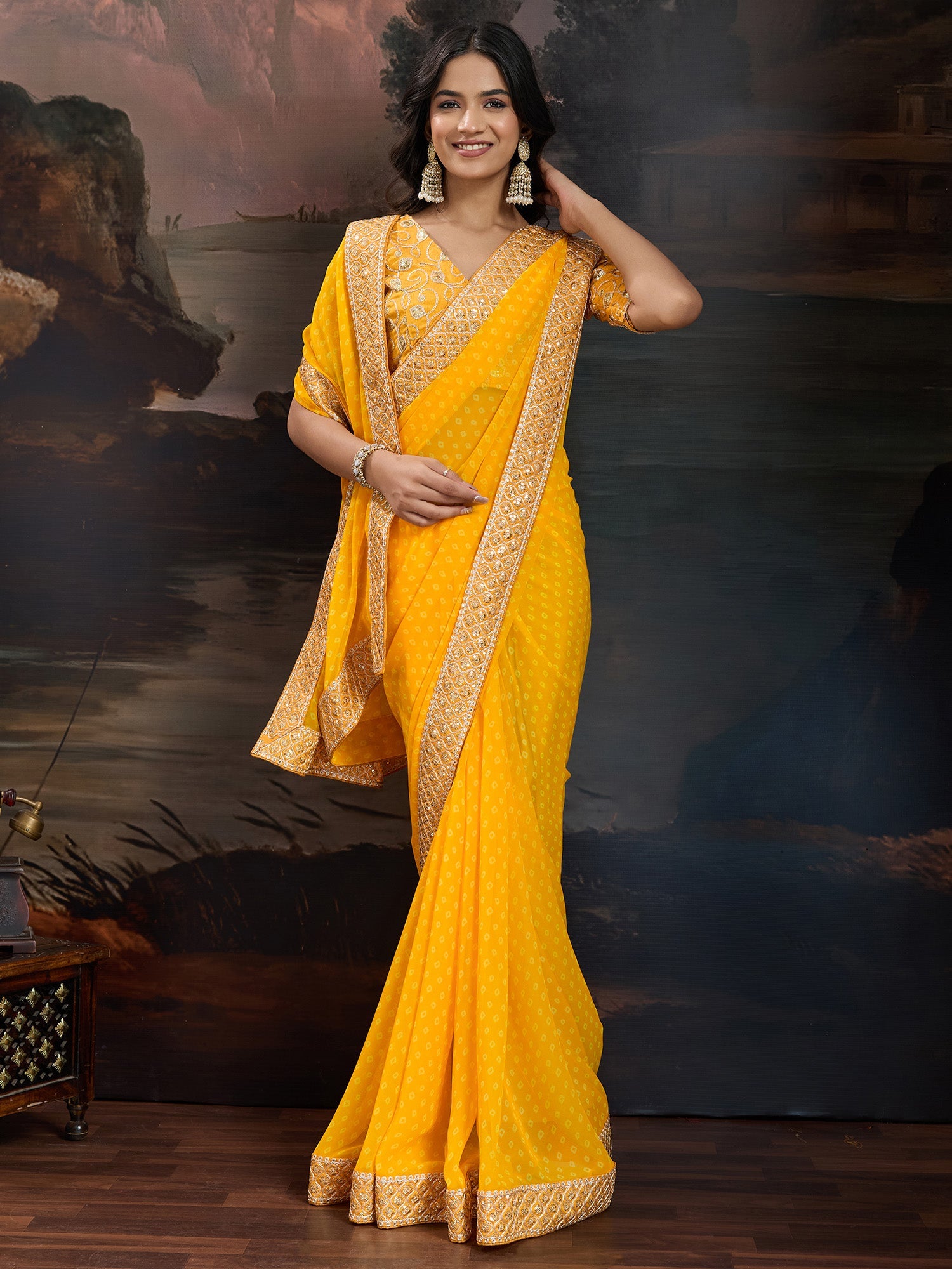 Mango Yellow Bandhani Chiffon Saree - Ressa