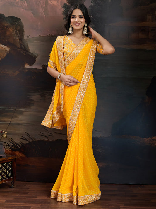 Mango Yellow Bandhani Chiffon Saree - Ressa