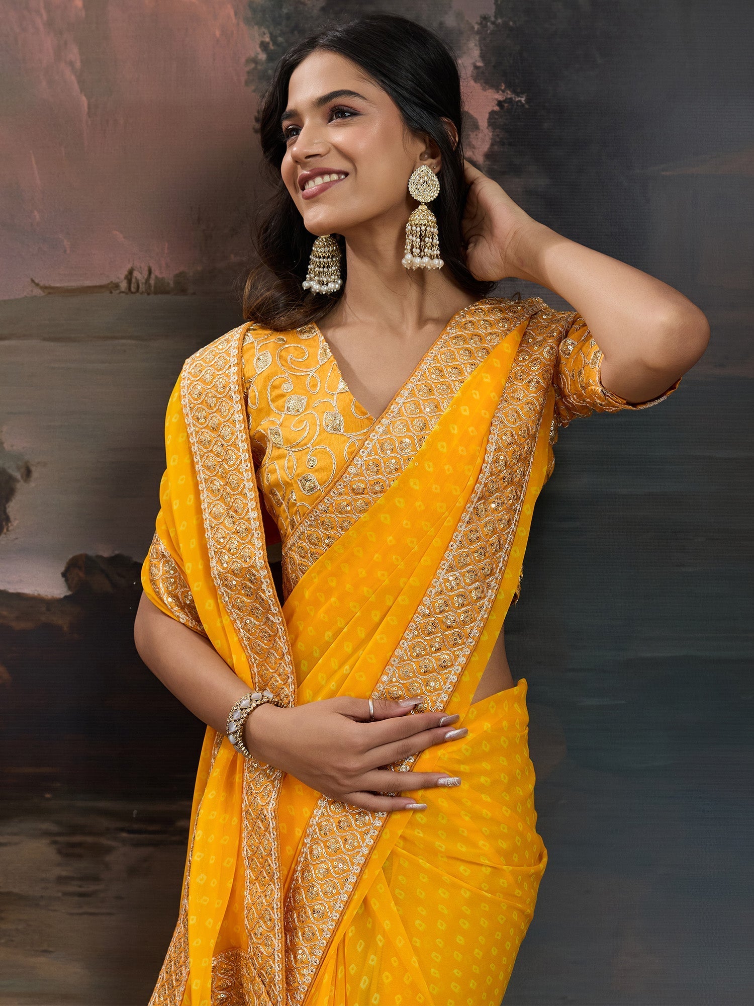 Mango Yellow Bandhani Chiffon Saree - Ressa