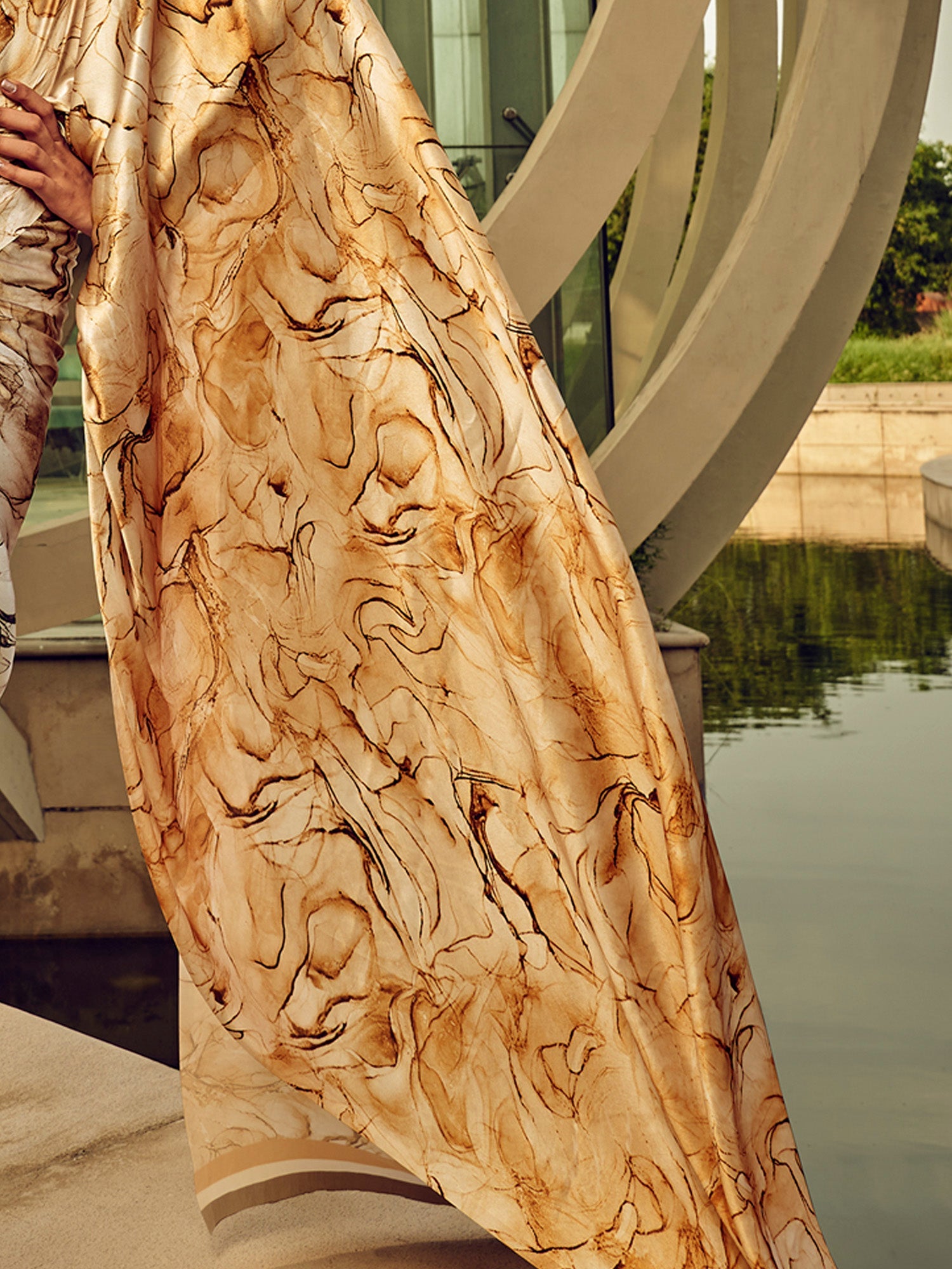 Marble Print Satin Saree with Blouse Piece | Ivory & Gold - Ressa