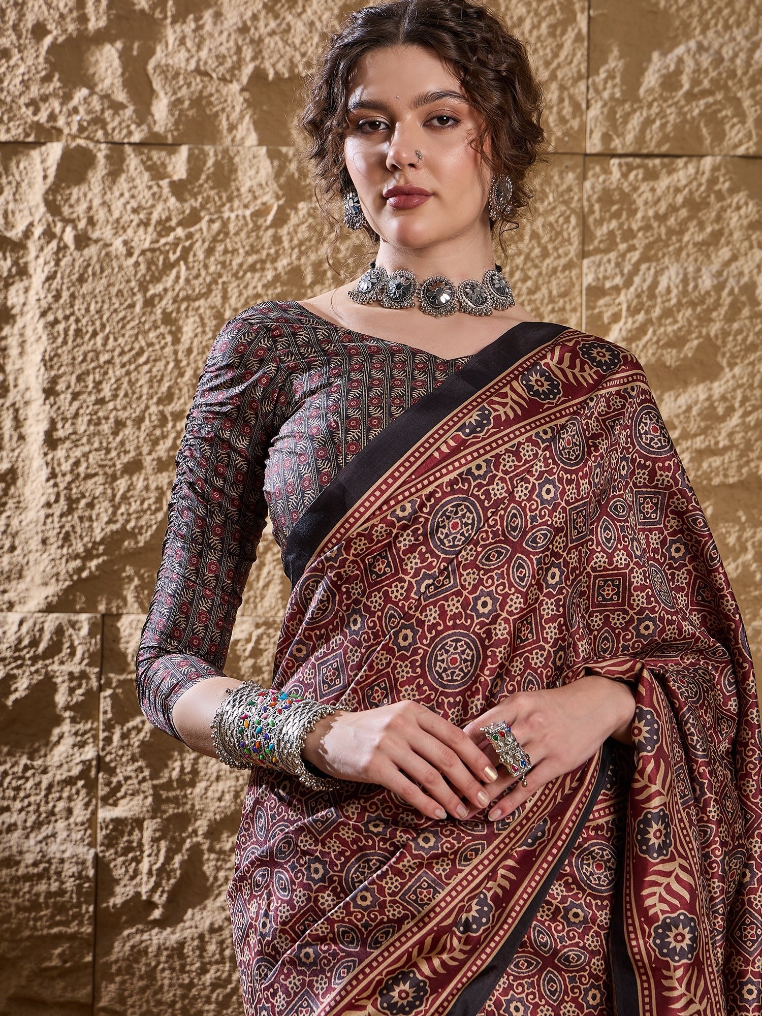 Maroon Ajrakh Print Silk Saree - Ressa