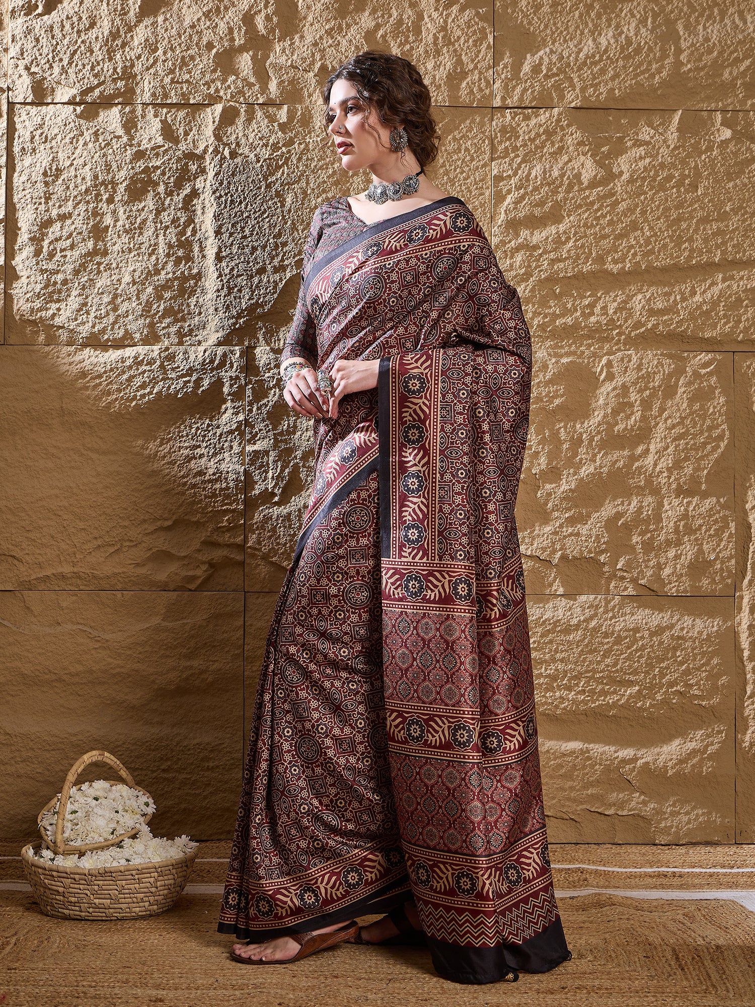 Maroon Ajrakh Print Silk Saree - Ressa