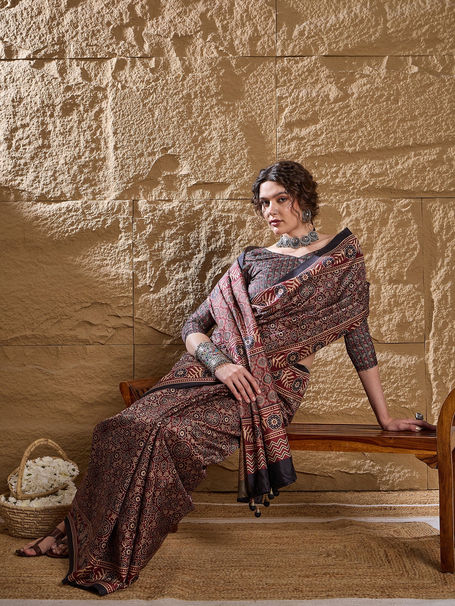 Maroon Ajrakh Print Silk Saree - Ressa