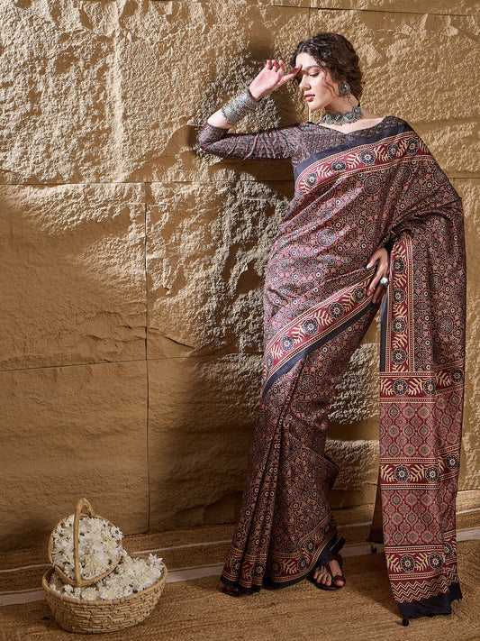 Maroon Ajrakh Print Silk Saree - Ressa