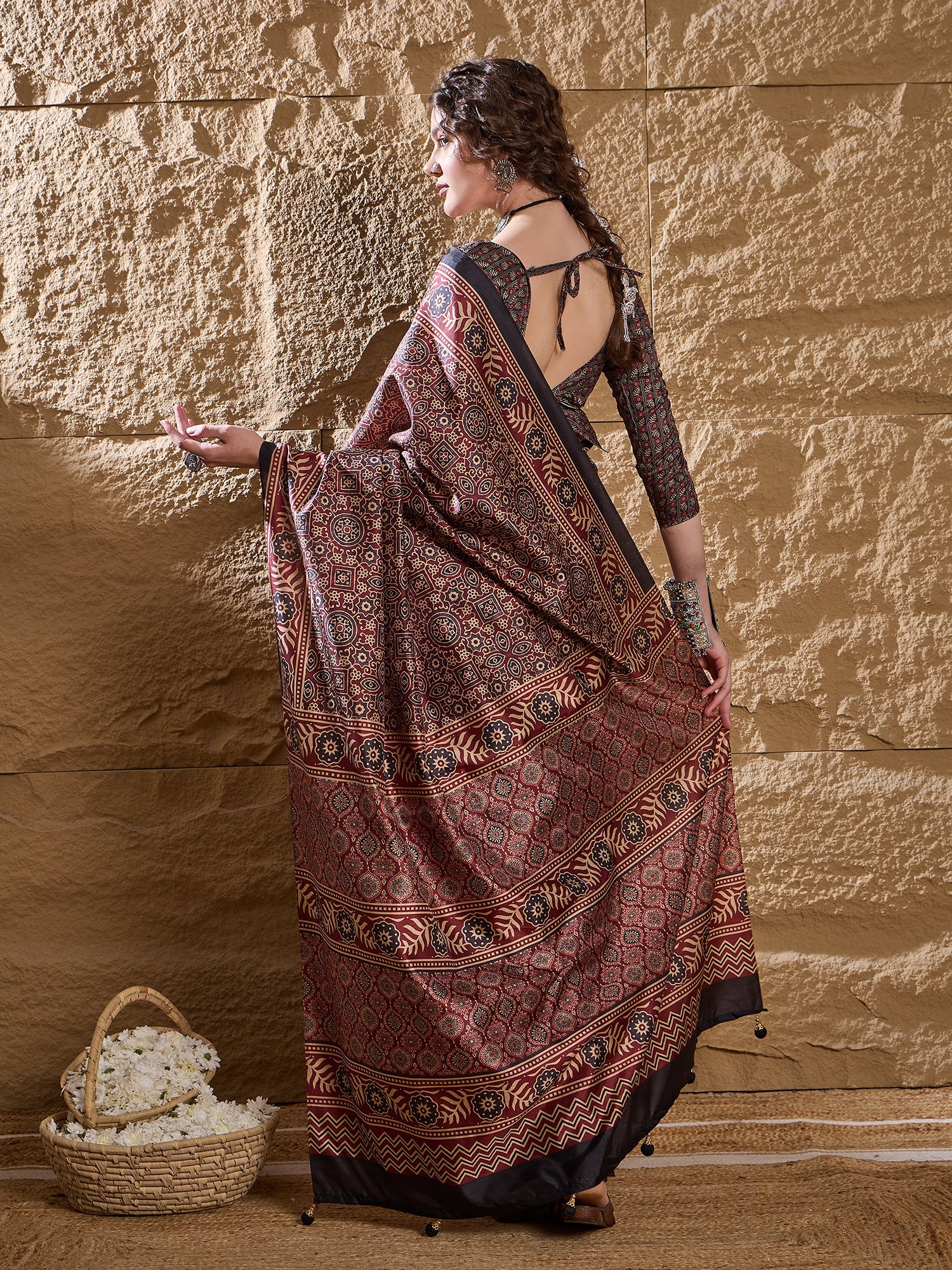 Maroon Ajrakh Print Silk Saree - Ressa